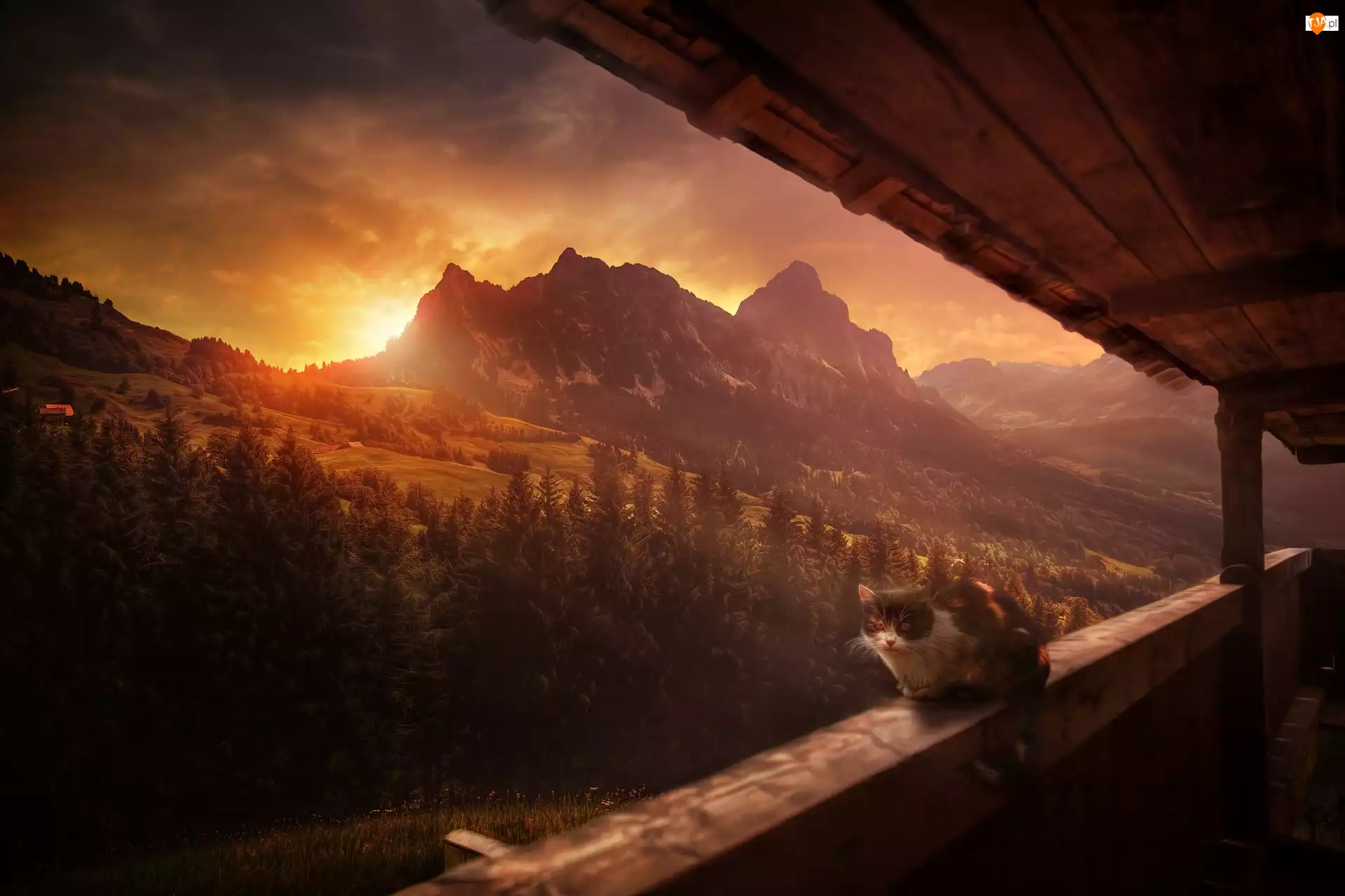 Góra Grosser Myuten, Balustrada, Szwajcaria, Kot, Alpy, Zachód słońca