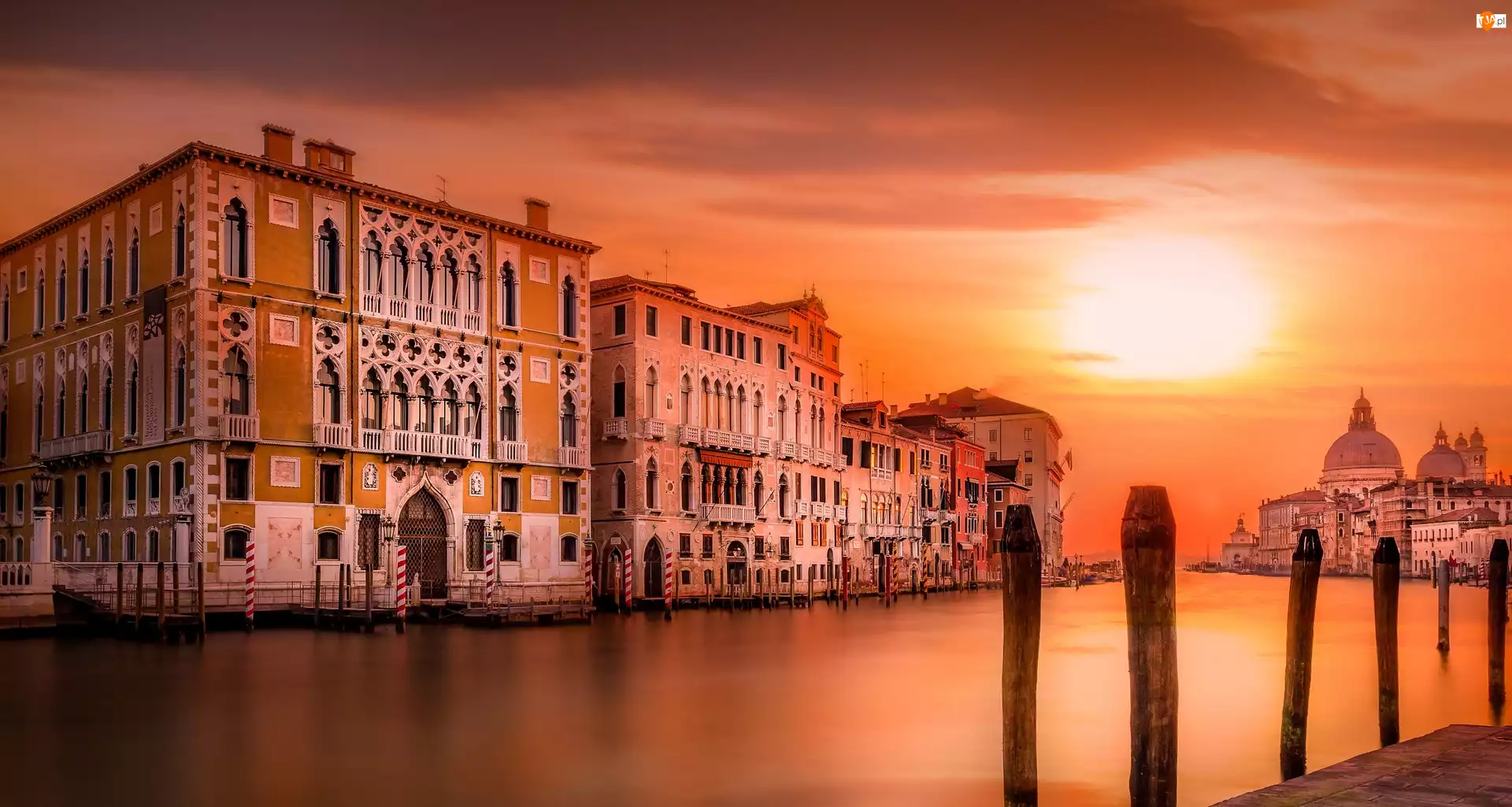 Wschód słońca, Włochy, Canal Grande, Wenecja, Domy