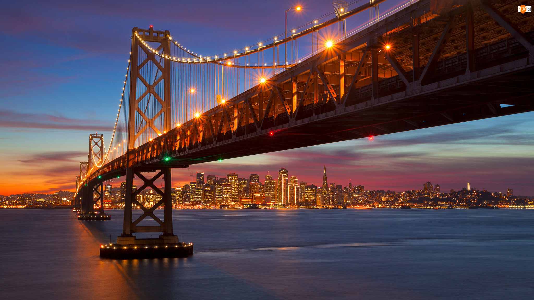 Zachód Słońca, Stany Zjednoczone, Most San Francisco-Oakland Bay, San Francisco, Zatoka San Francisco