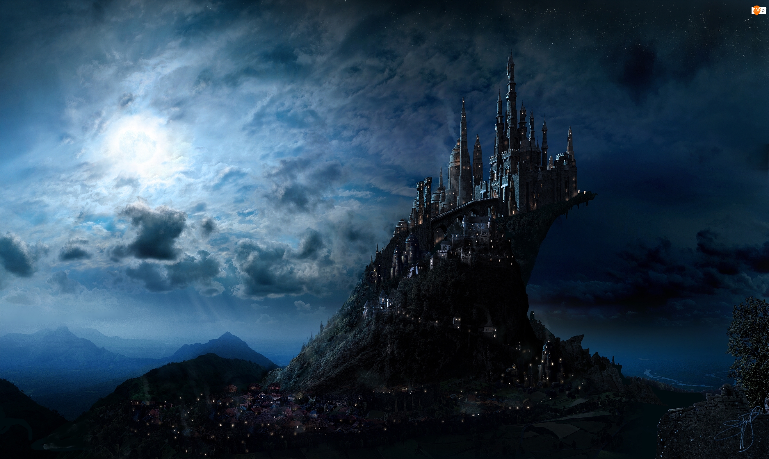 Noc, Fantasy, Zamek Hogwarts, Chmury