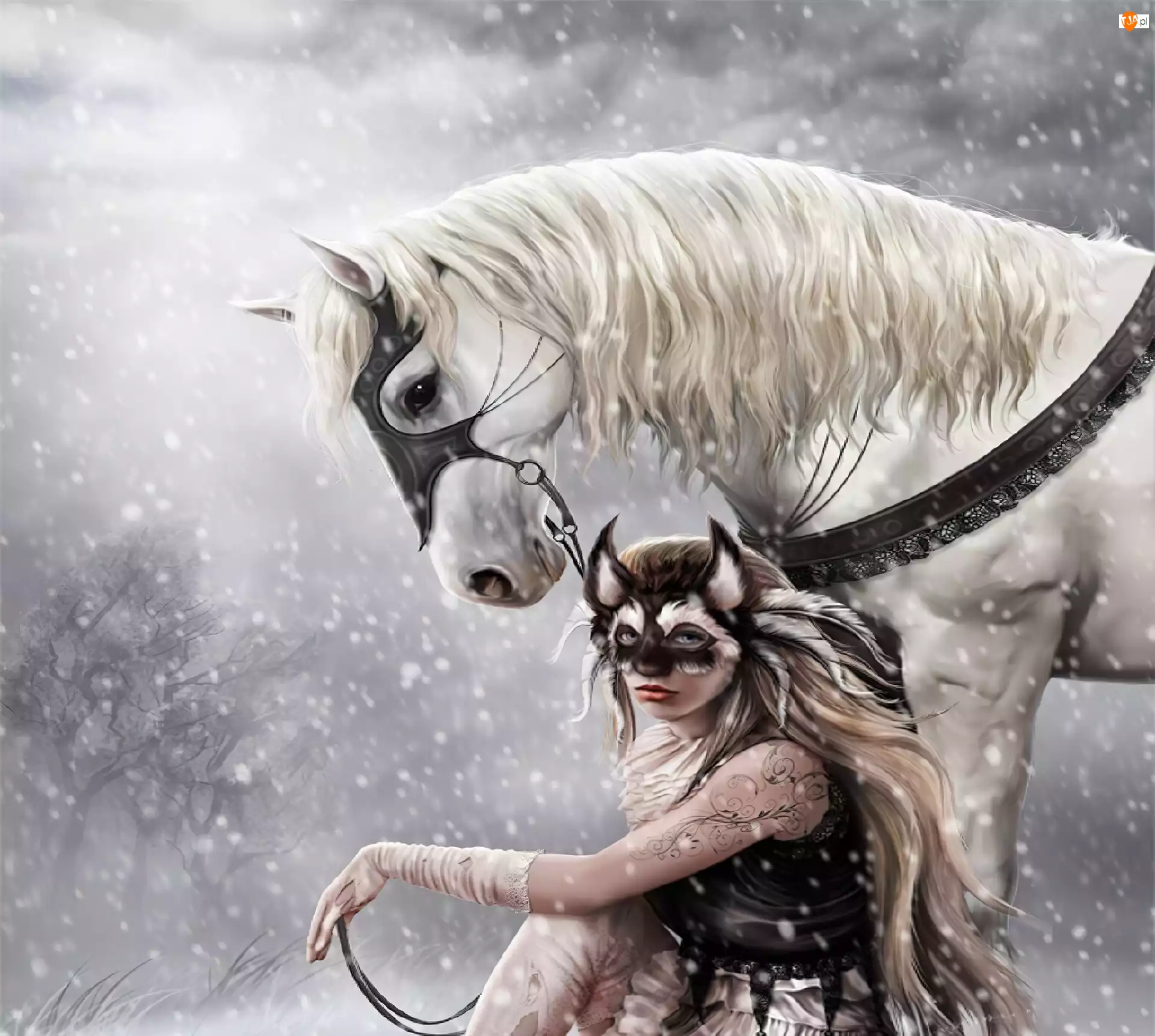 Śnieg, Koń, Dziewczyna, Maska