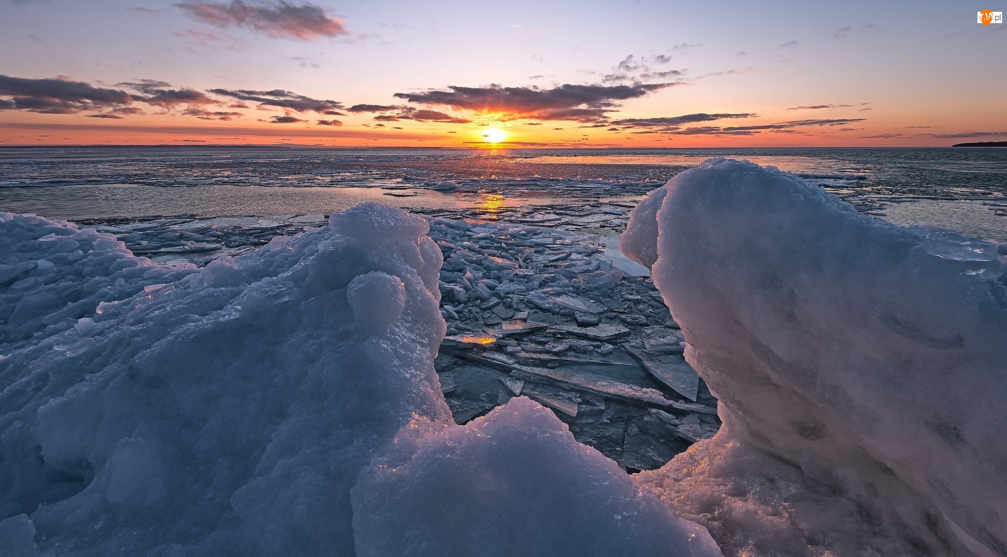 Zachód słońca, Morze, Lód