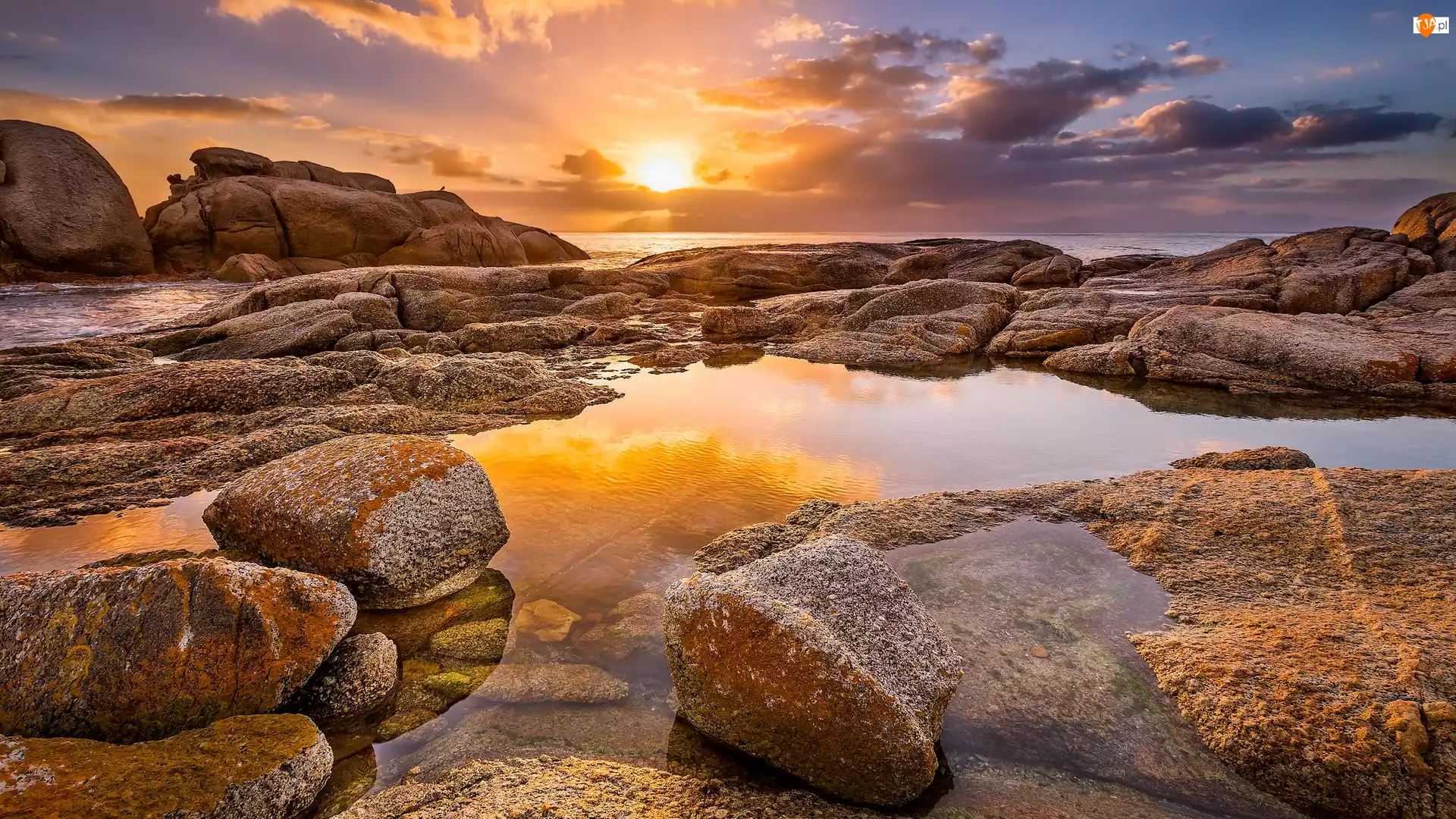 Plaża Boulders Beach, Morze, Republika Południowej Afryki, Kamienie, Półwysep Przylądkowy, Zachód słońca