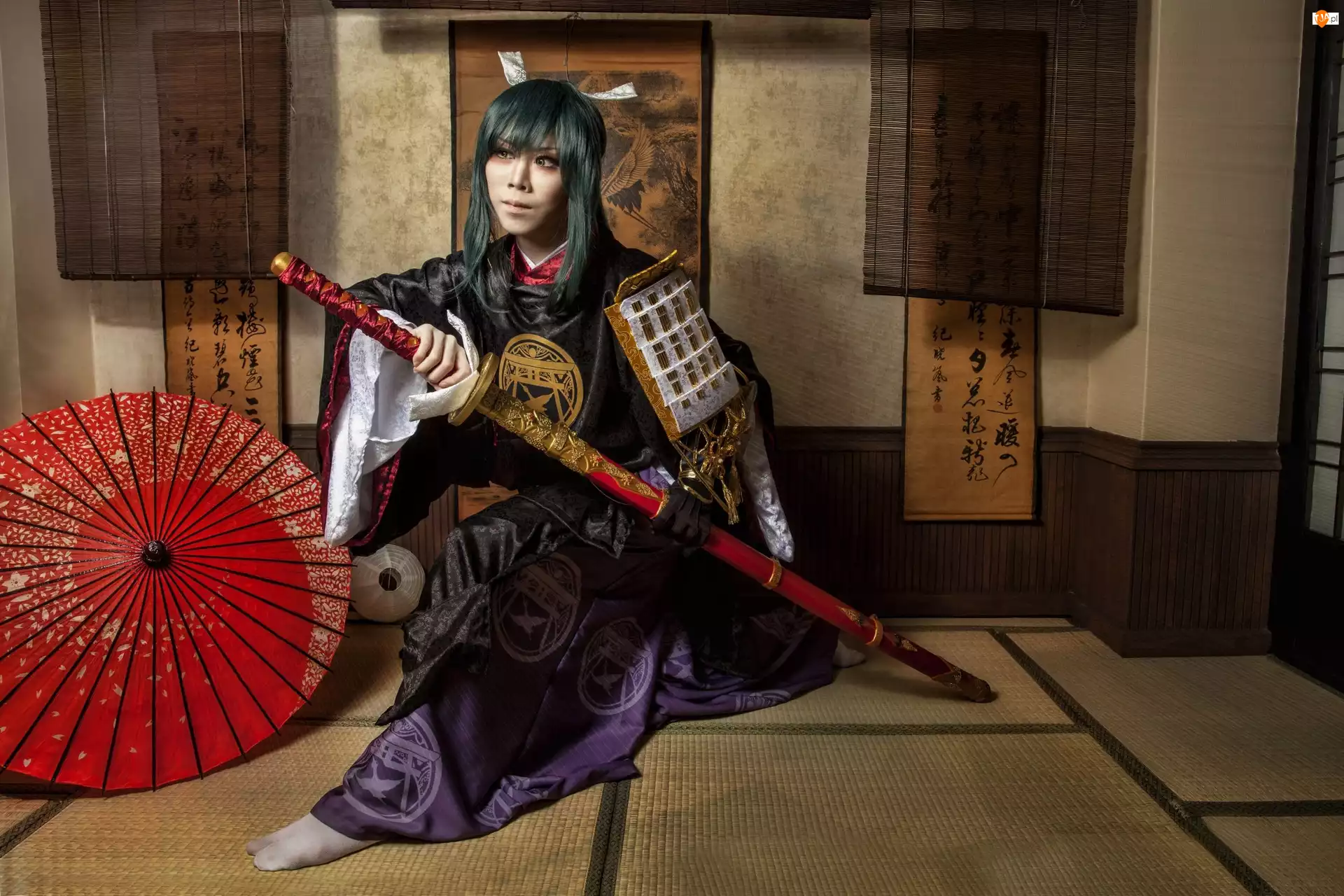 Samuraj, Kobieta, Miecz, Parasolka, Kimono, Katana