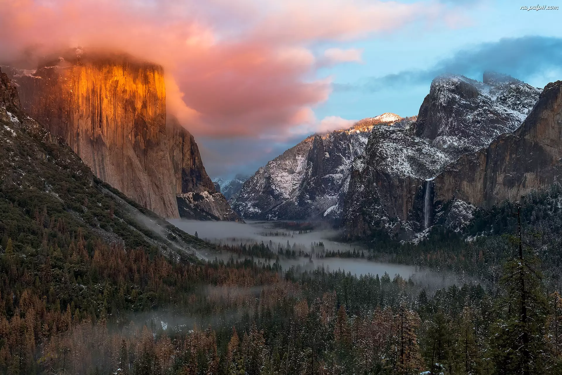 Niebo, Szczyt El Capitan, Chmury, Stan Kalifornia, Góry, Stany Zjednoczone, Mgła, Park Narodowy Yosemite, Lasy