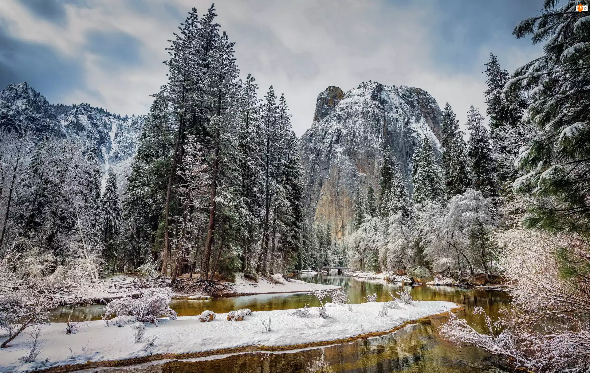 Góry, Zima, Stan Kalifornia, Stany Zjednoczone, Świerki, Park Narodowy Yosemite, Rzeka