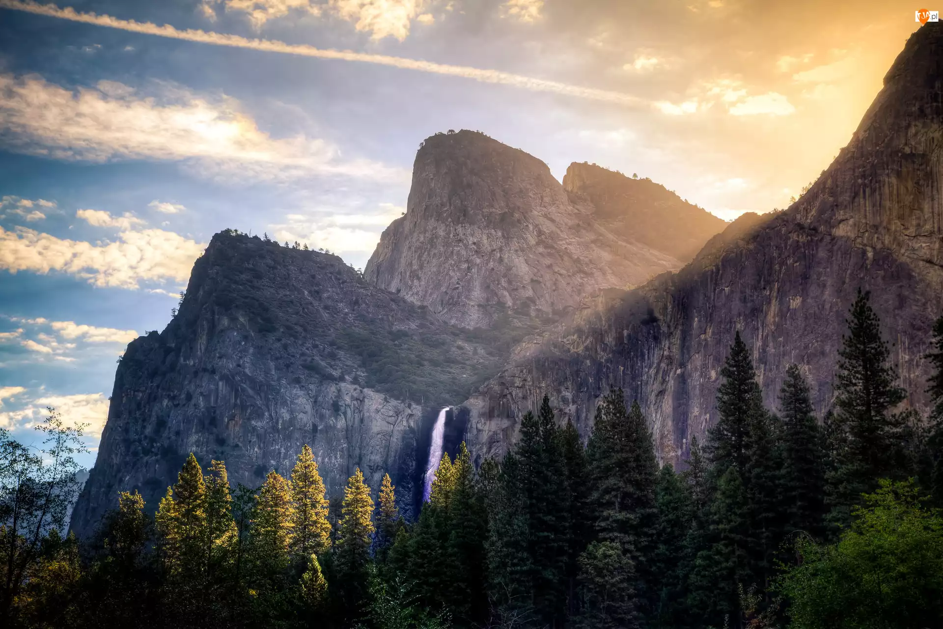 Stan Kalifornia, Stany Zjednoczone, Góry, Drzewa, Park Narodowy Yosemite, Wodospad Horsetail