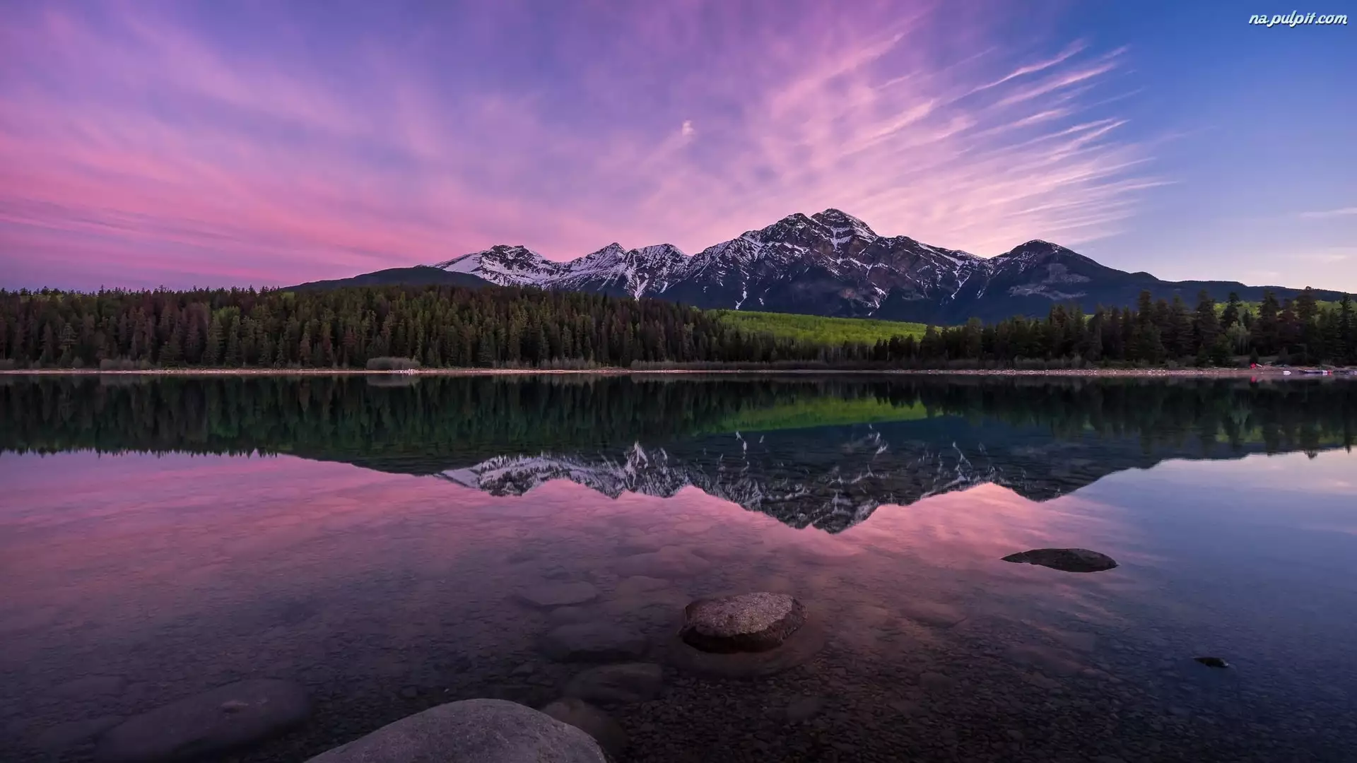 Drzewa, Jezioro Patricia Lake, Prowincja Alberta, Kanada, Odbicie, Park Narodowy Jasper, Góry