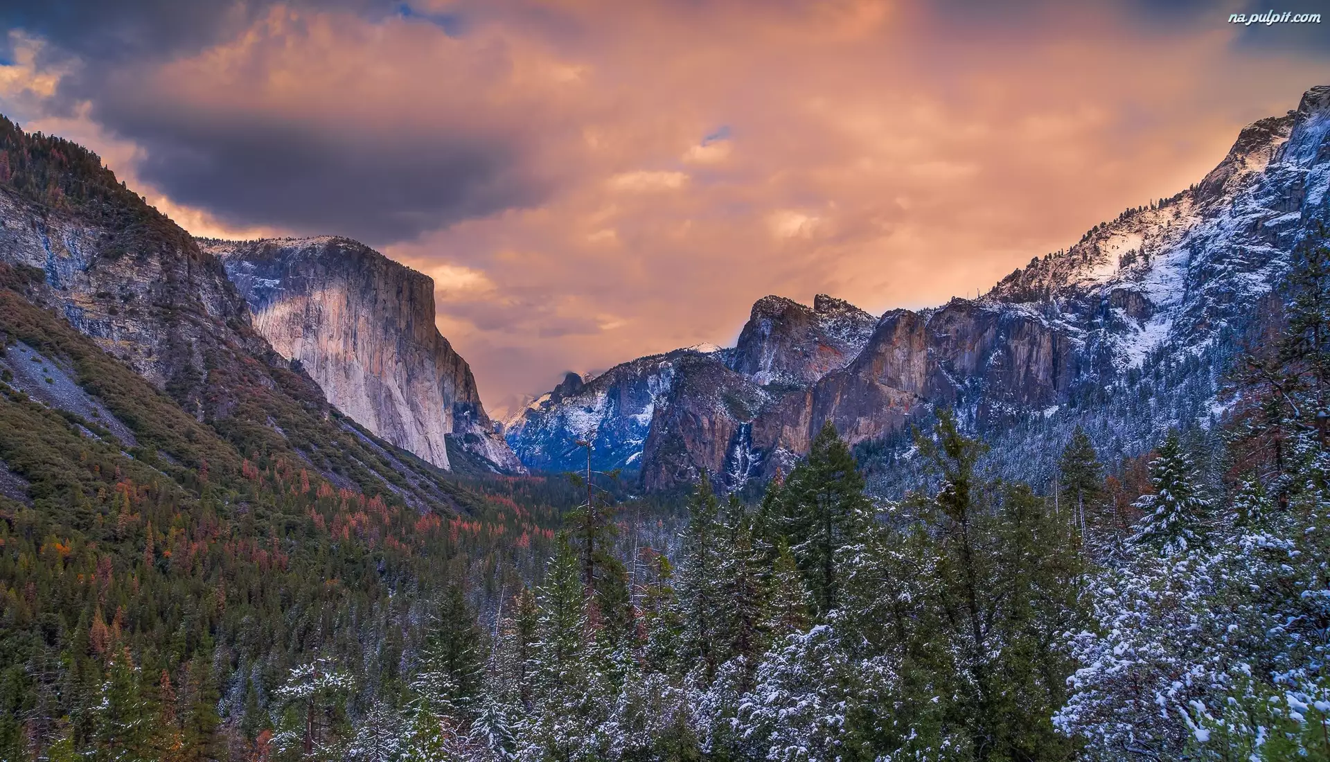 El Capitan, Stany Zjednoczone, Dolina Yosemite Valley, Drzewa, Stan Kalifornia, Góry, Śnieg, Park Narodowy Yosemite