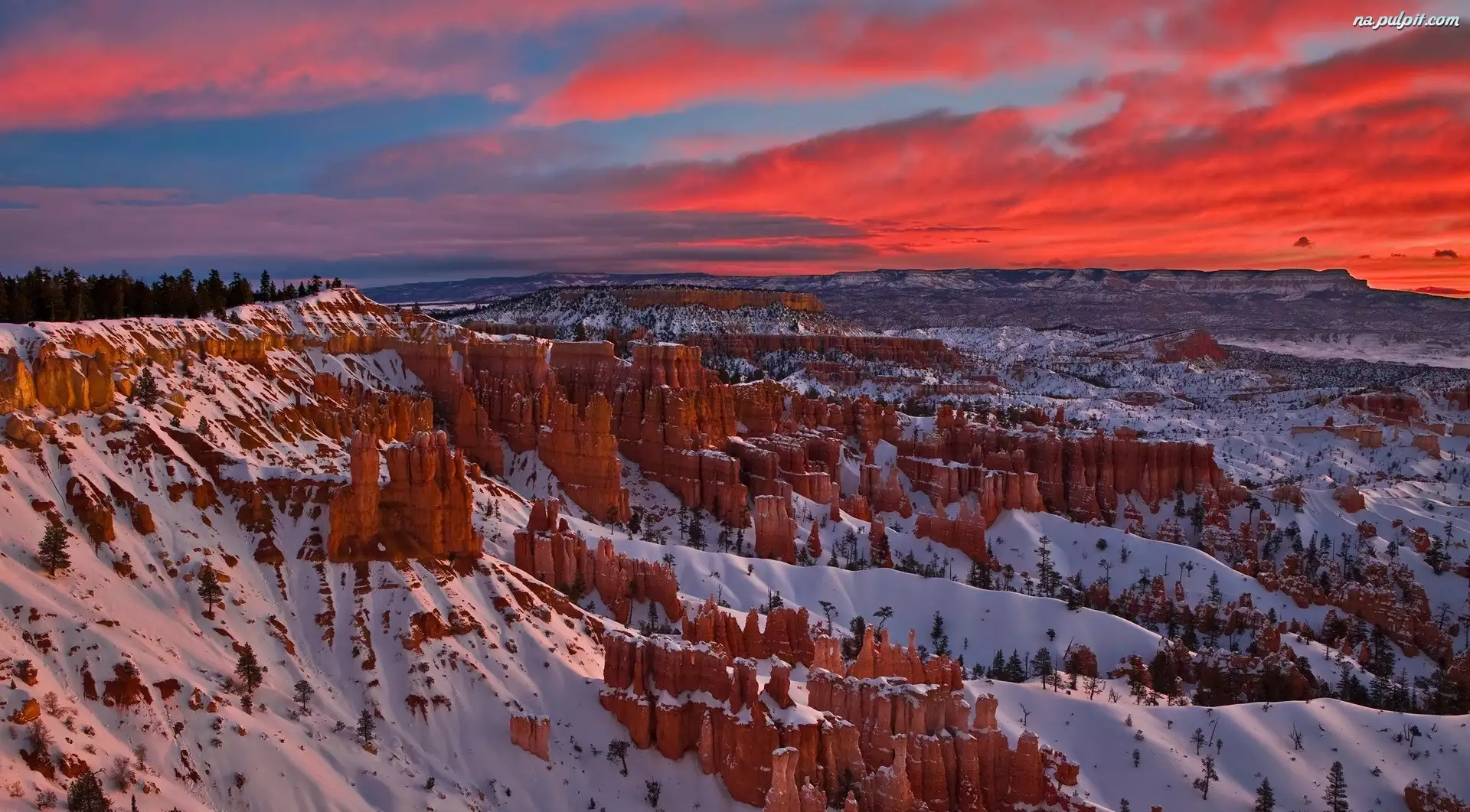 Czerwone, Kaniony, Stan Utah, Stany Zjednoczone, Niebo, Park Narodowy Bryce Canyon, Śnieg