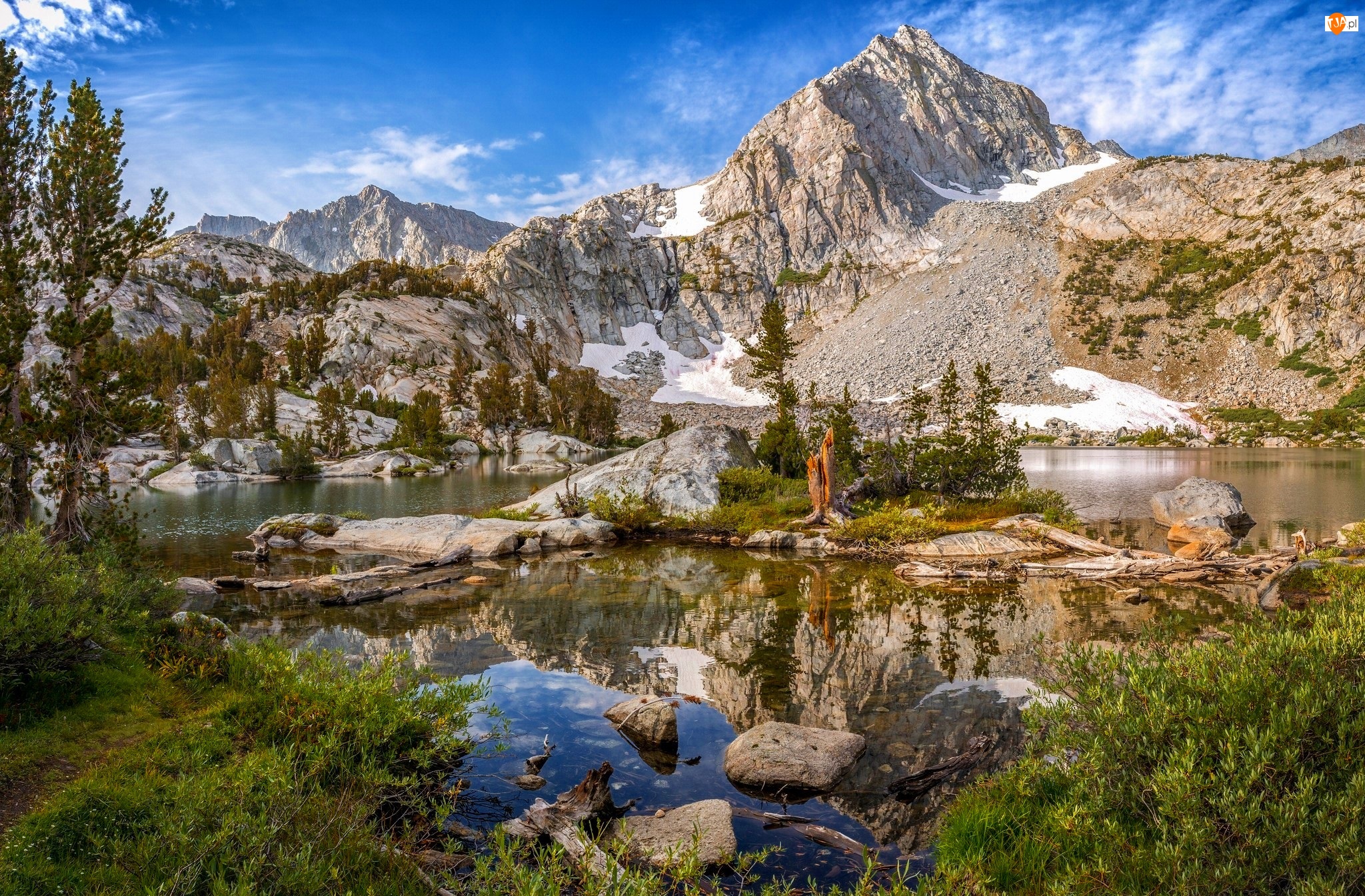Kamienie, Góry Sierra Nevada, Kalifornia, Stany Zjednoczone, Drzewa, Rezerwat przyrody Wilderness John Muir, Jezioro