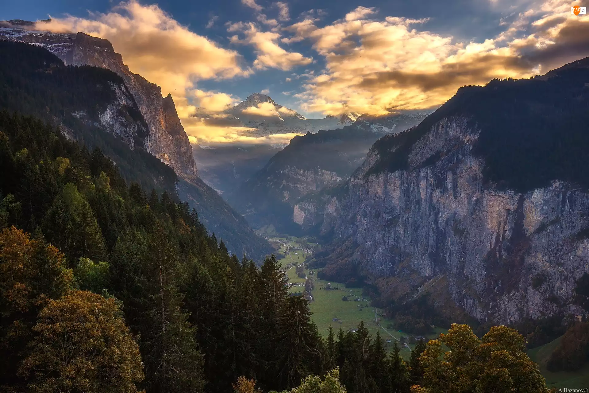 Chmury, Góry Alpy, Kanton Berno, Szwajcaria, Wschód słońca, Dolina Lauterbrunnental, Drzewa