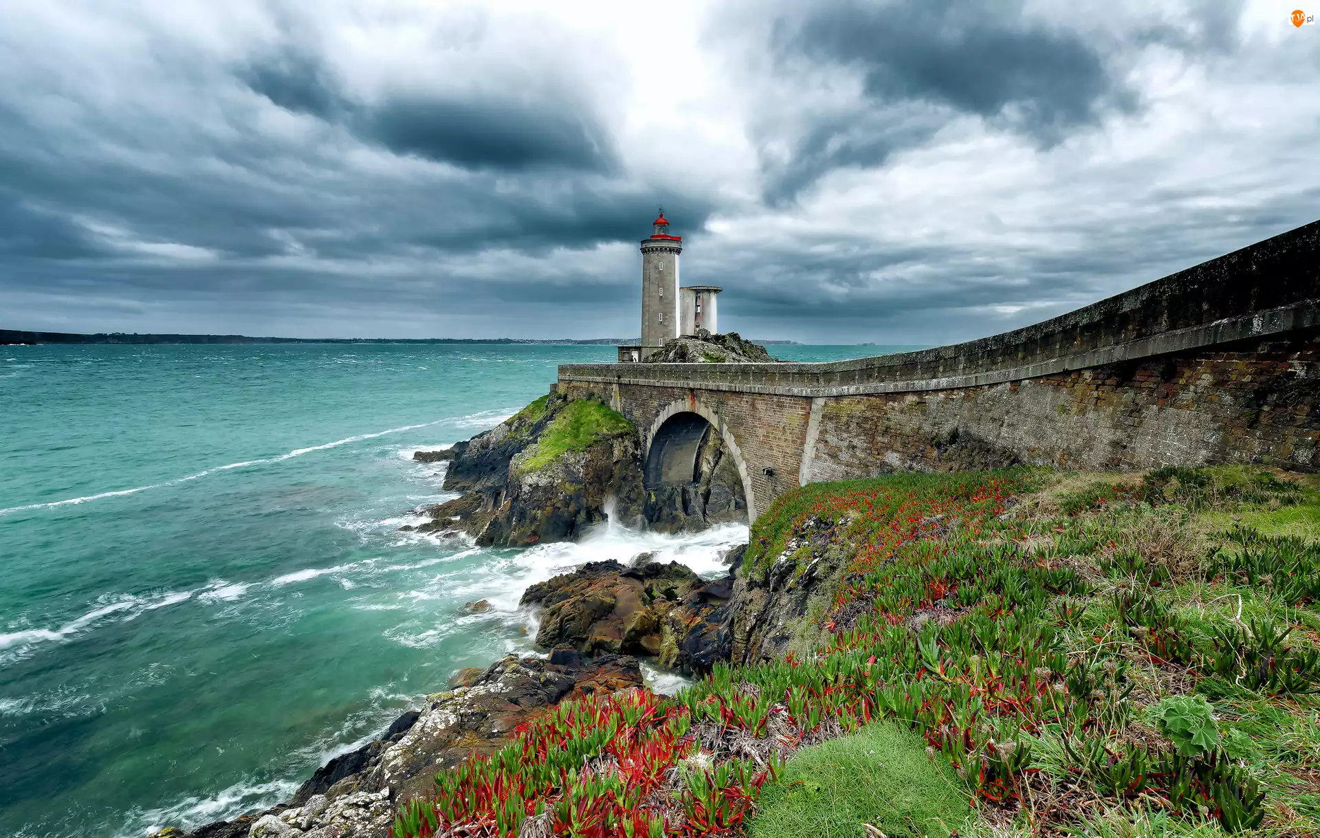 Wybrzeże, Latarnia morska Phare du Petit Minou, Bretania, Francja, Roślinność, Gmina Plouzané, Morze