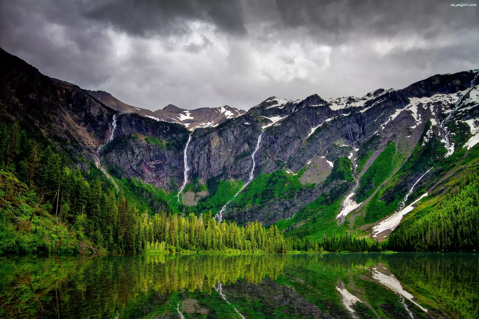 Park Narodowy Glacier, Góry, Stany Zjednoczone, Las, Stan Montana, Jezioro Avalanche Lake