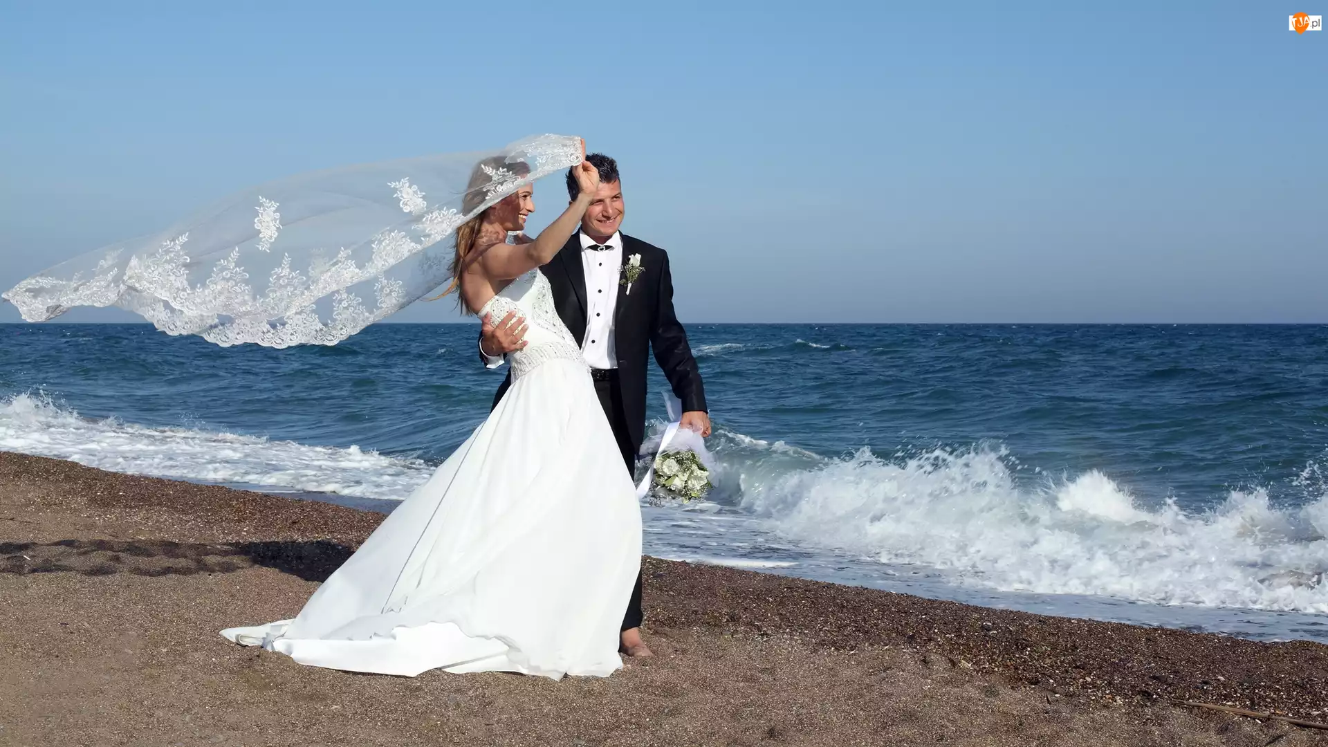 Ślub, Radość, Nowożeńcy, Morze