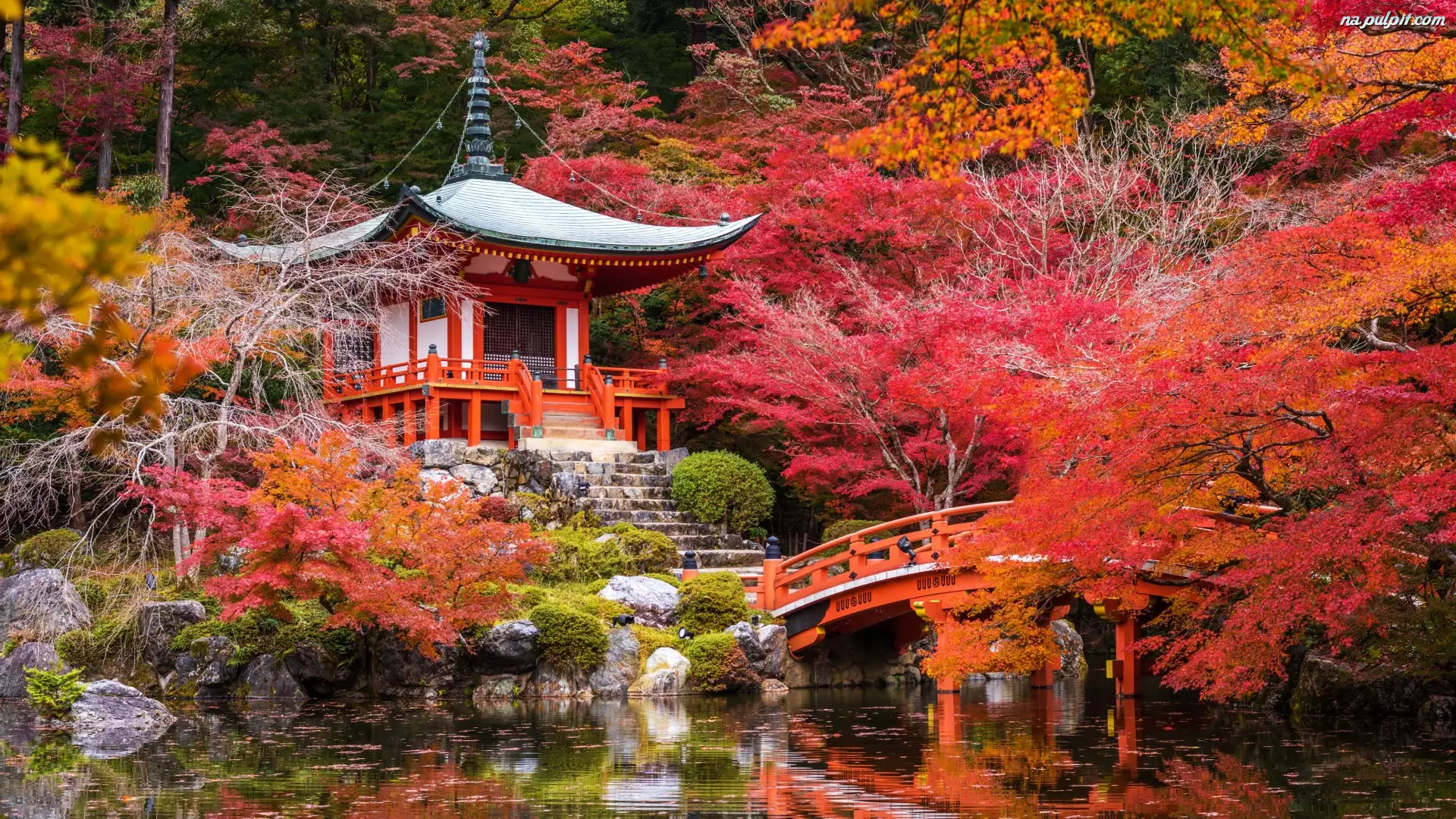 Świątynia Benten-dō, Mostek, Kioto, Jesień, Japonia, Drzewa Kamienie, Kompleks świątynny Daigo-ji, Staw