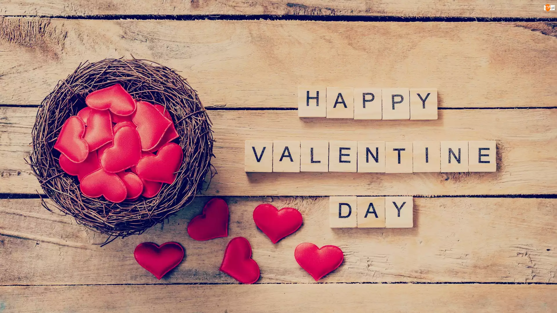 Czerwone, Happy Valentine Day, Walentynki, Deski, Serduszka, Napis