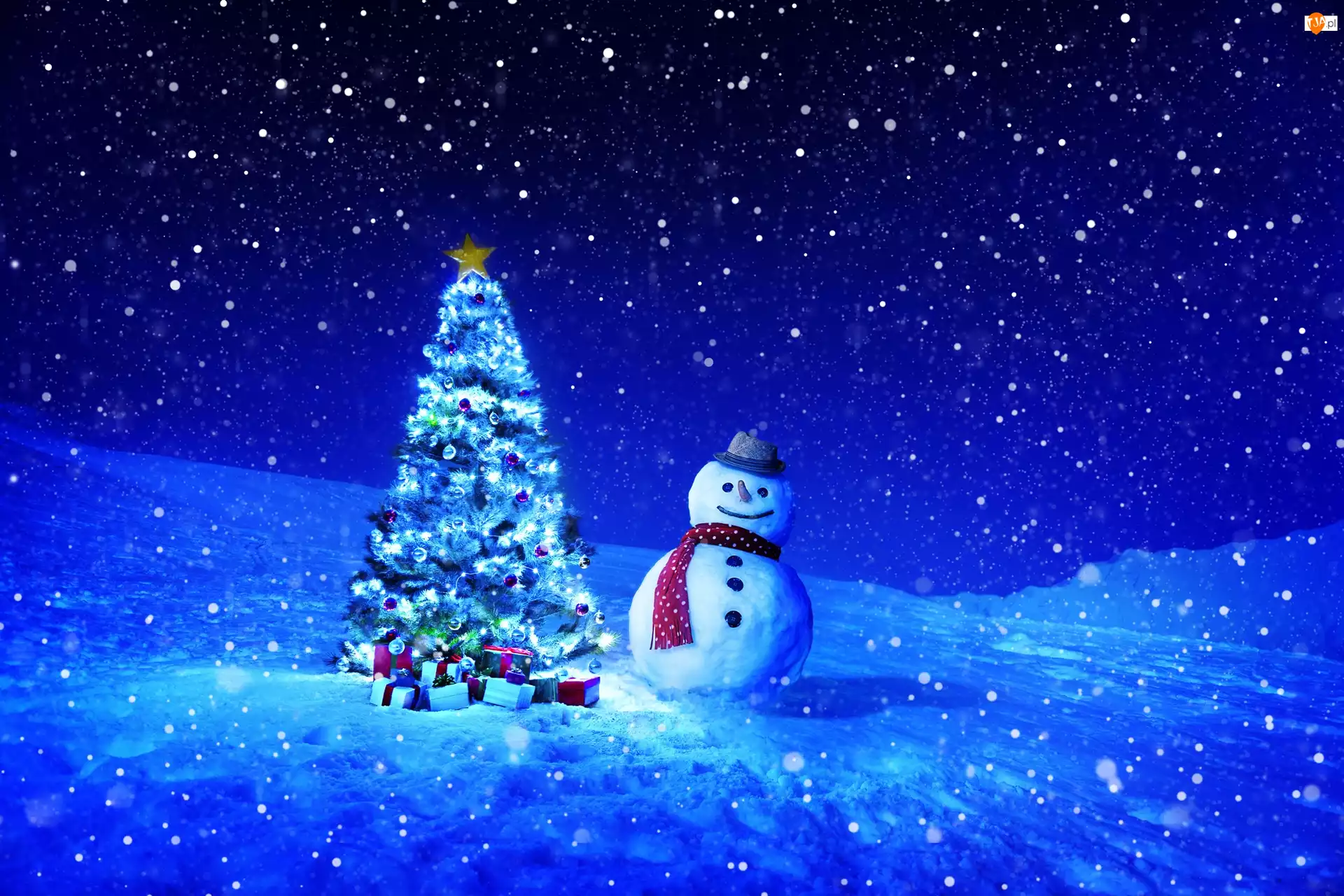 Boże Narodzenie, Śnieg, Bałwanek, Choinka