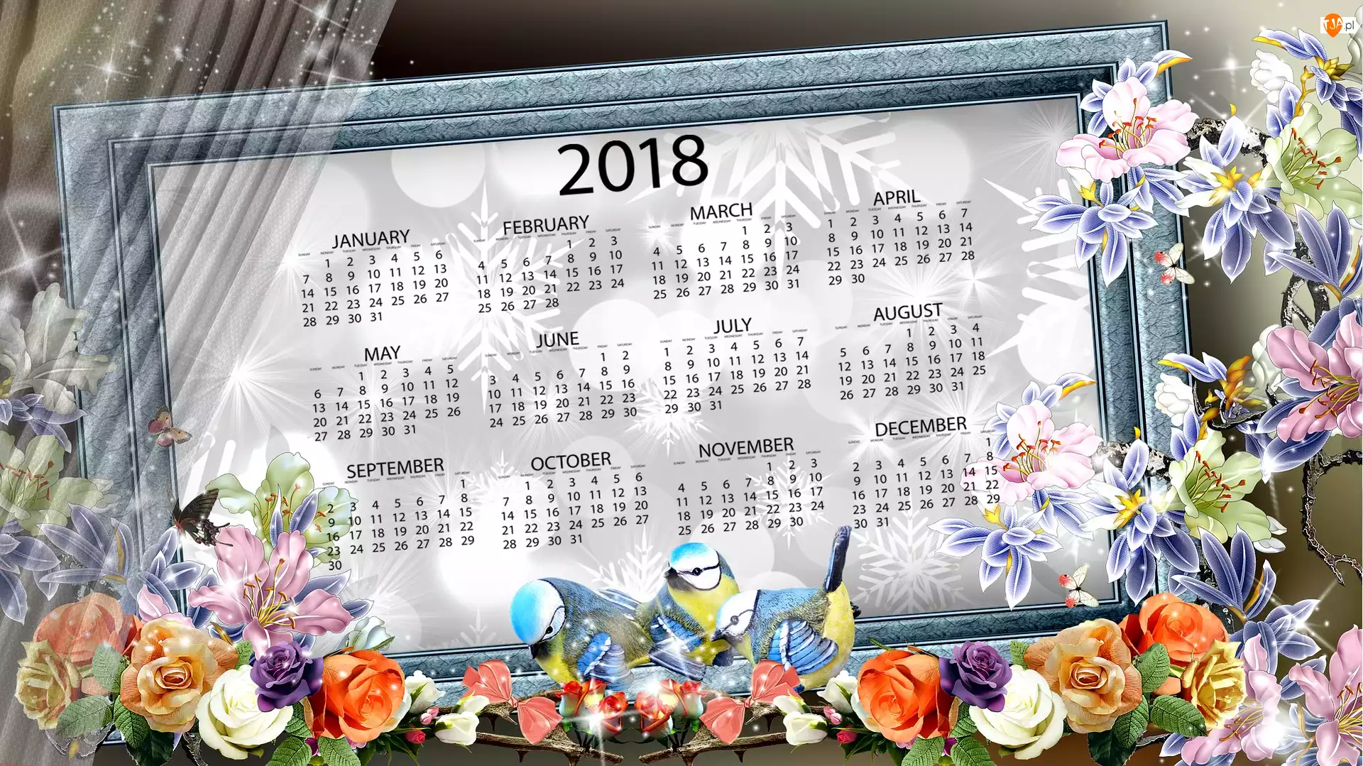Ptaszki, 2018, Kwiaty, Ramka, Kalendarz