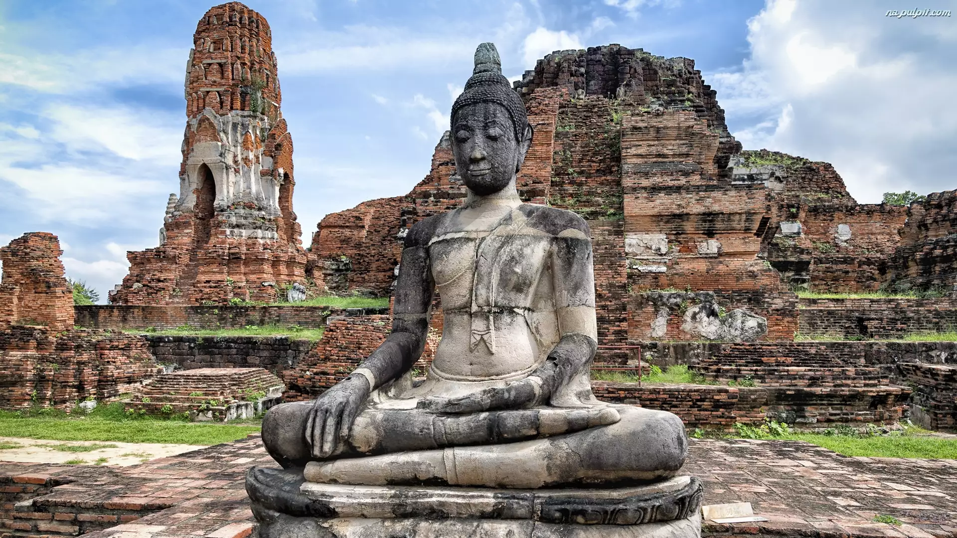 Miasto Ayutthaya, Posąg Buddy, Ruiny, Świątynia Wat Mahathat, Tajlandia