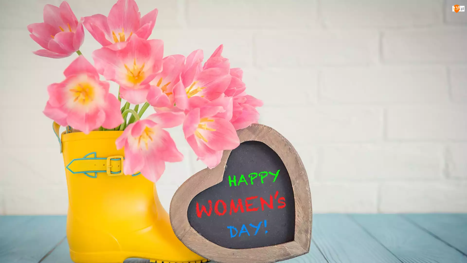 Kalosz, Bukiet, Happy Womens Day, Dzień kobiet, Napis, Serce, Tulipany
