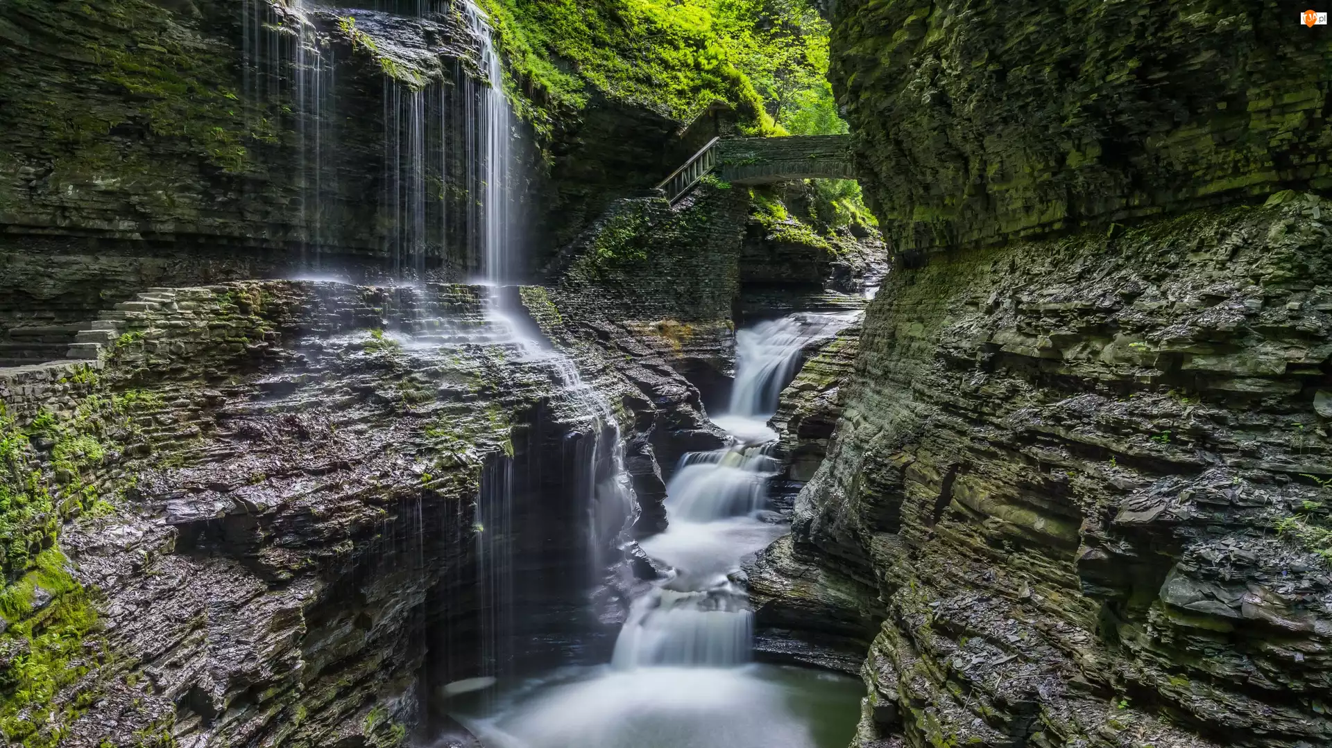 Skały, Wodospad Rainbow Falls, Stan Nowy Jork, Schody, Watkins Glen State Park, Stany Zjednoczone