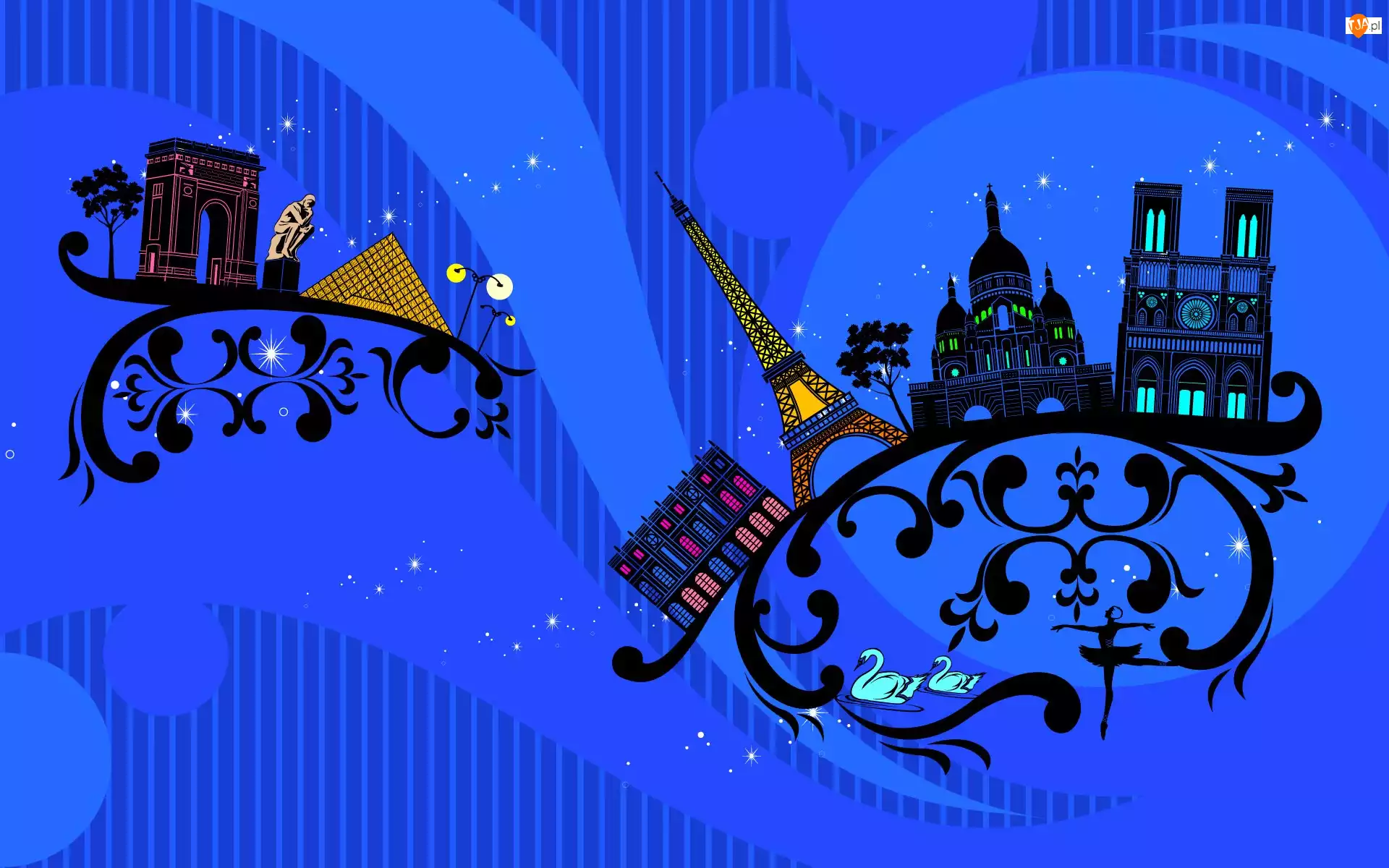 Zabytki, Niebieskie tło, Paryż, Grafika, Wieża Eiffla