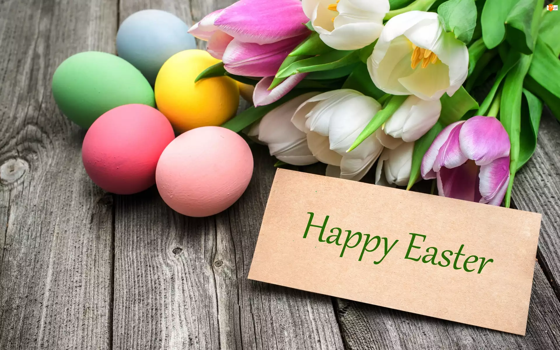 Wielkanoc, Happy Easter, Pisanki, Tulipany, Napis