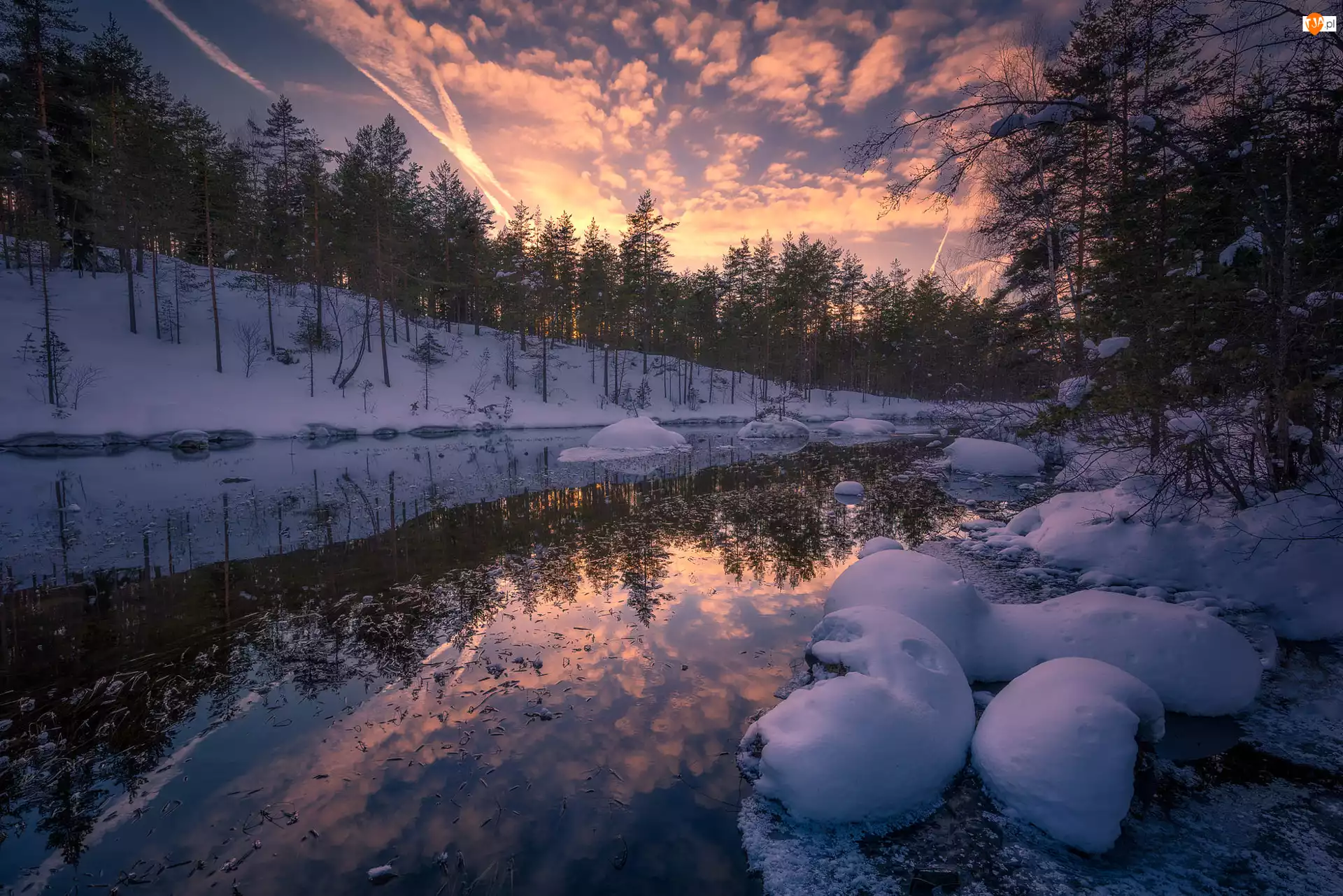 Jezioro,  Norwegia, Śnieg, Las, Gmina Ringerike, Zachód słońca, Drzewa, Zima
