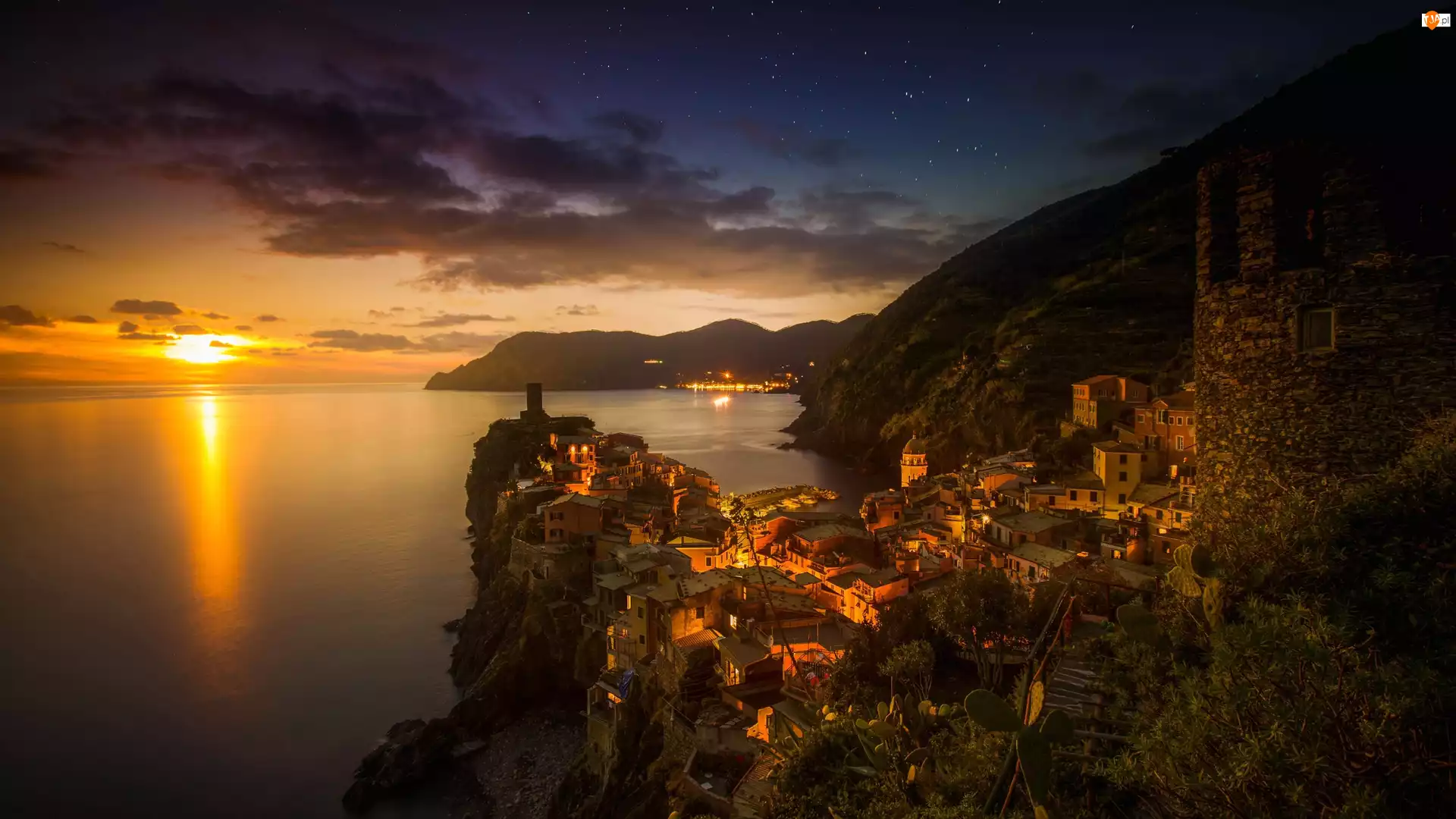 Włochy, Zachód Słońca, Cinque Terre, Vernazza, Wybrzeże