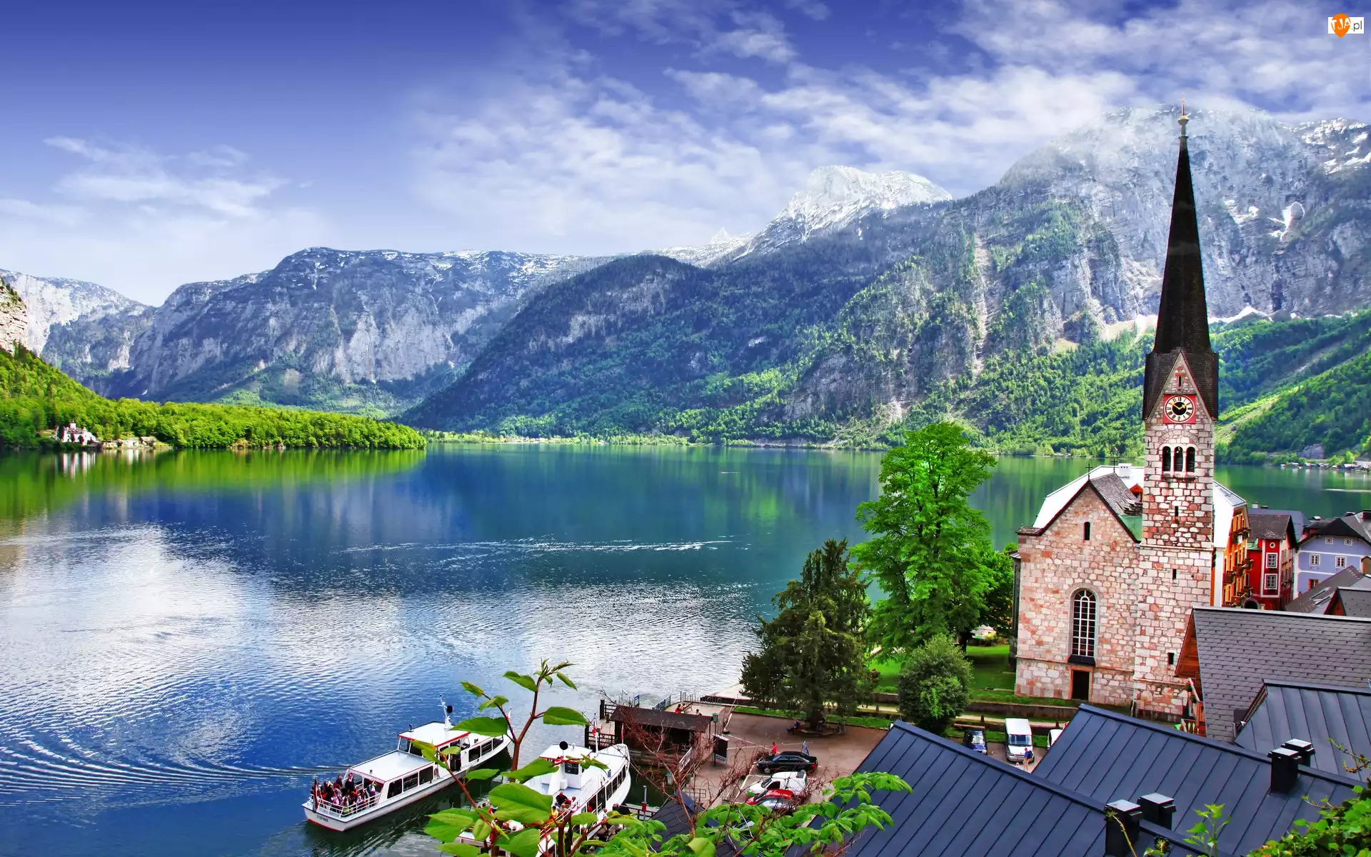 Alpy Salzburskie, Austria, Jezioro Hallstättersee, Statki wycieczkowe, Miasteczko Hallstatt, Kościółek