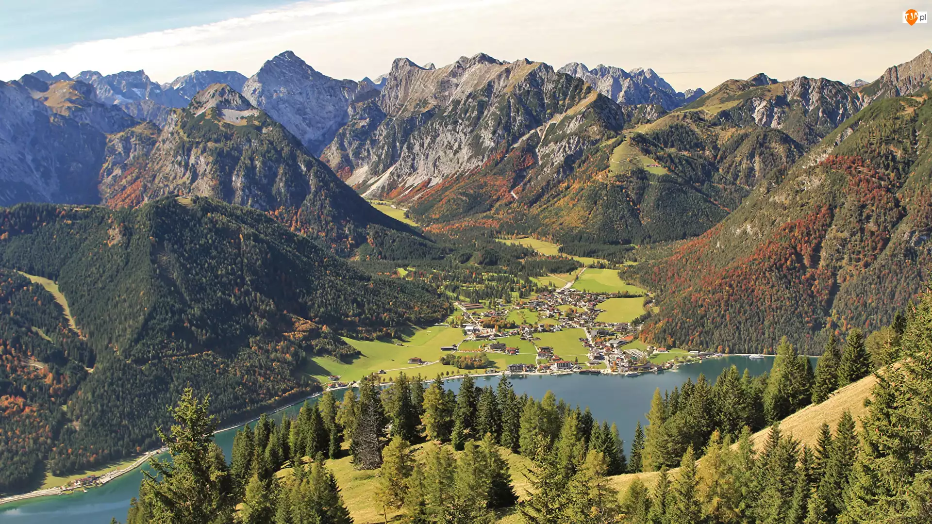 Dolina, Tyrol, Domy, Lasy, Drzewa, Miejscowość Pertisau, Góry, Austria, Jezioro Achensee