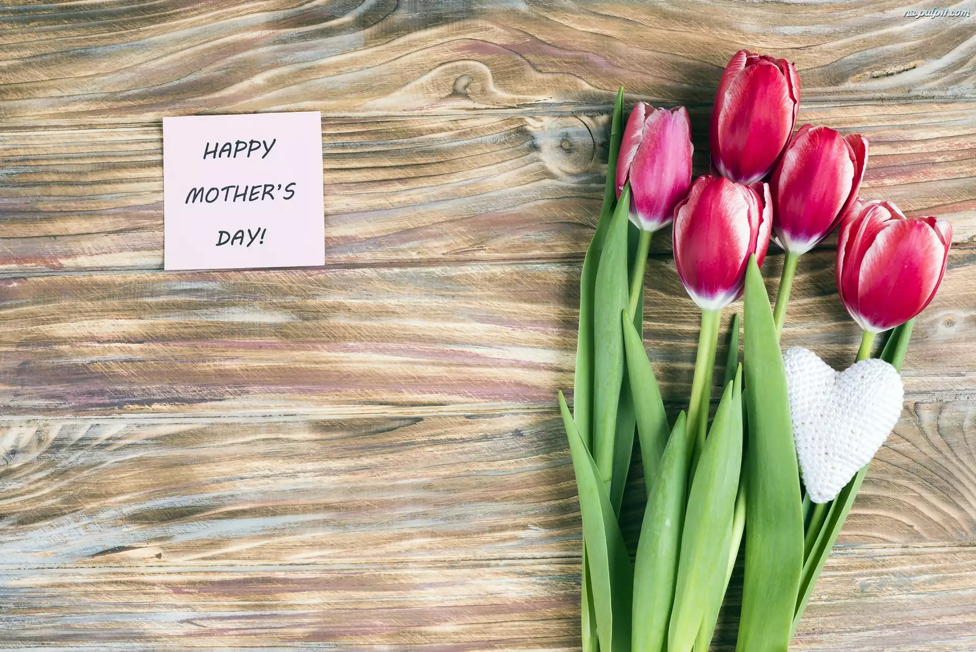 Karteczka, Dzień Matki, Serduszko, Tulipany, Napis