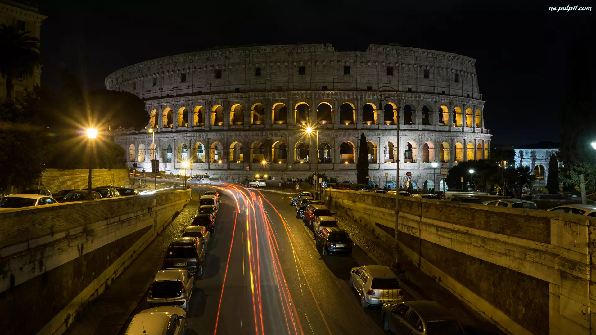 Rzym, Amfiteatr, Noc, Włochy, Oświetlenie, Droga, Koloseum