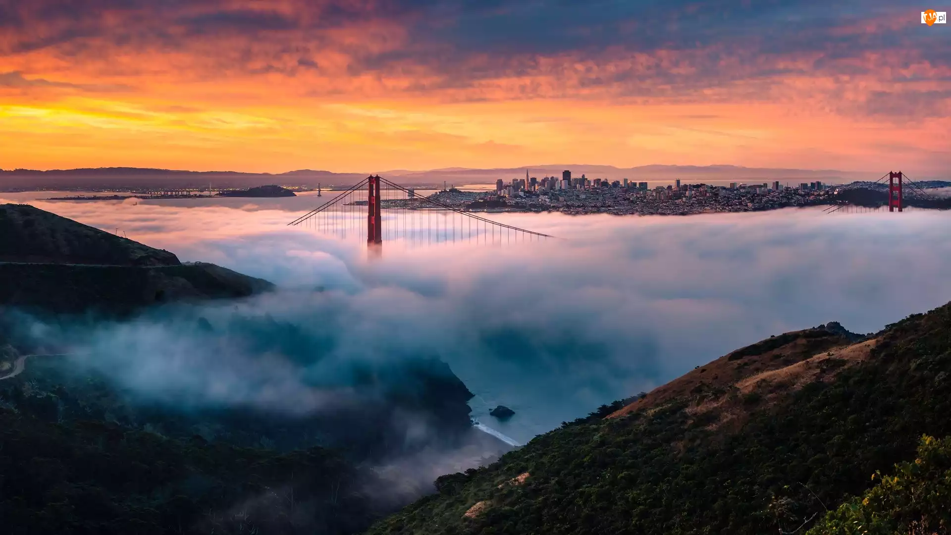 Stany Zjednoczone, Most Golden Gate Bridge, Mgła, Kalifornia