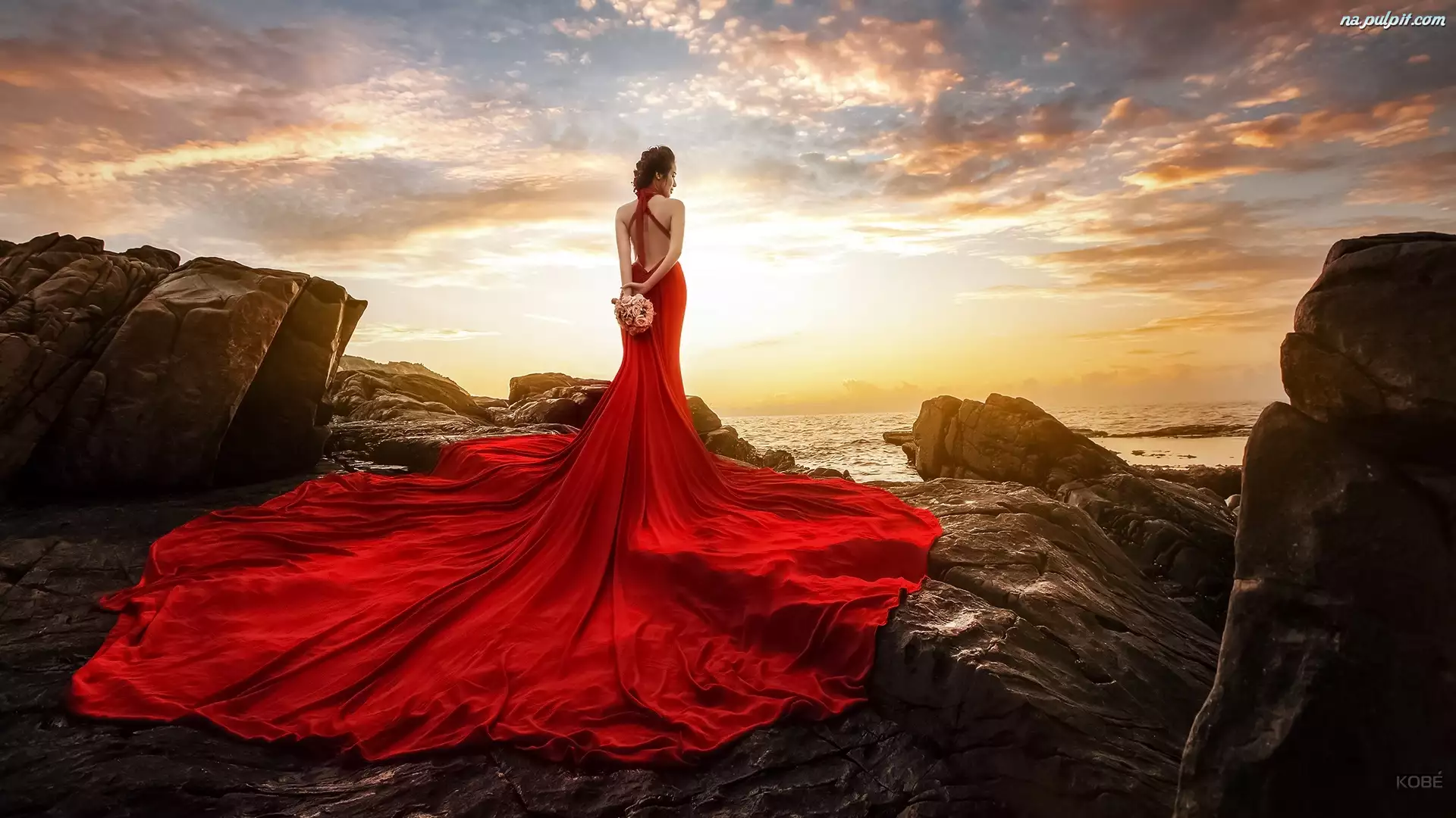 Czerwona, Kobieta, Zachód słońca, Morze, Sukienka, Skały