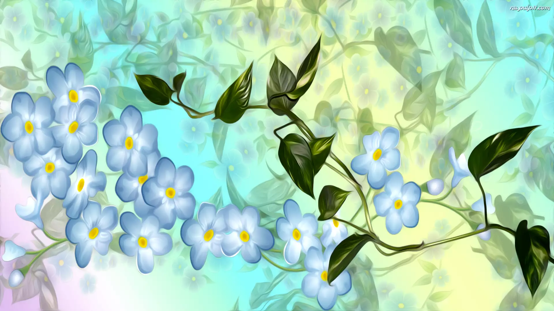 Liście, Grafika, Niebieskie, Kwiaty