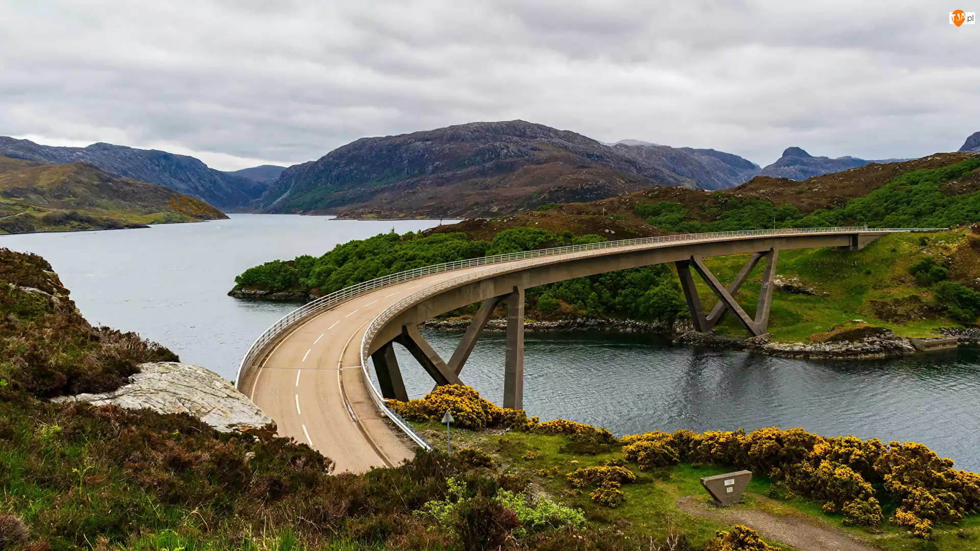 Region Highlands, Jezioro Loch a Chairn Bhain, Roślinność, Szkocja, Krzewy, Wzgórza, Most Kylesku Bridge