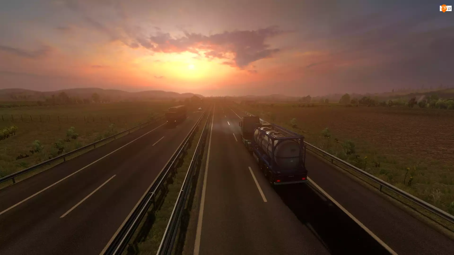Euro Truck Simulator 2, Gra, Wschód słońca, Ciężarówki, ETS 2, Autostrada