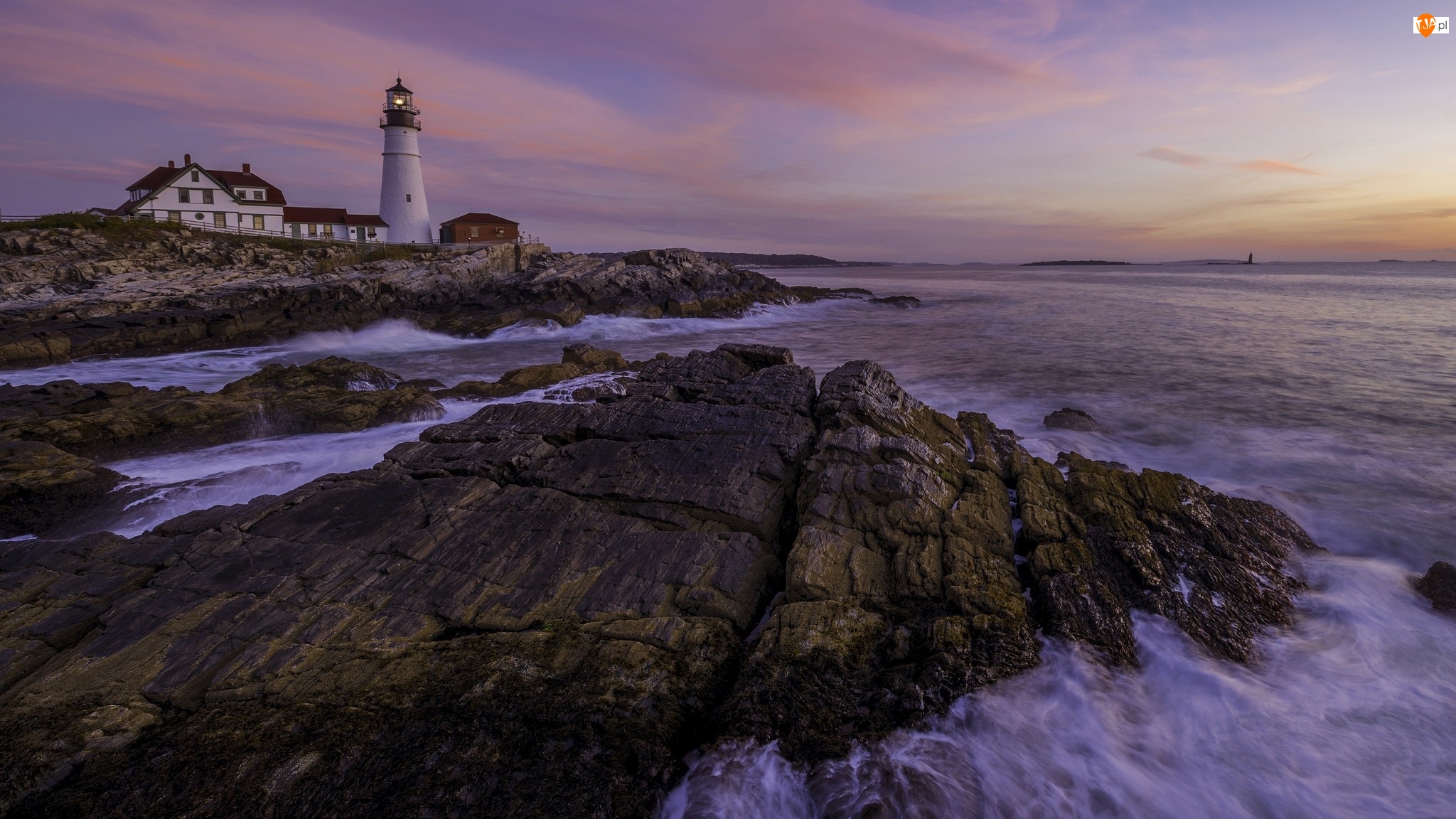 Skały, Latarnia morska Portland Head Light, Stan Maine, Morze, Zatoka Casco, Stany Zjednoczone, Zachód słońca, Cape Elizabeth