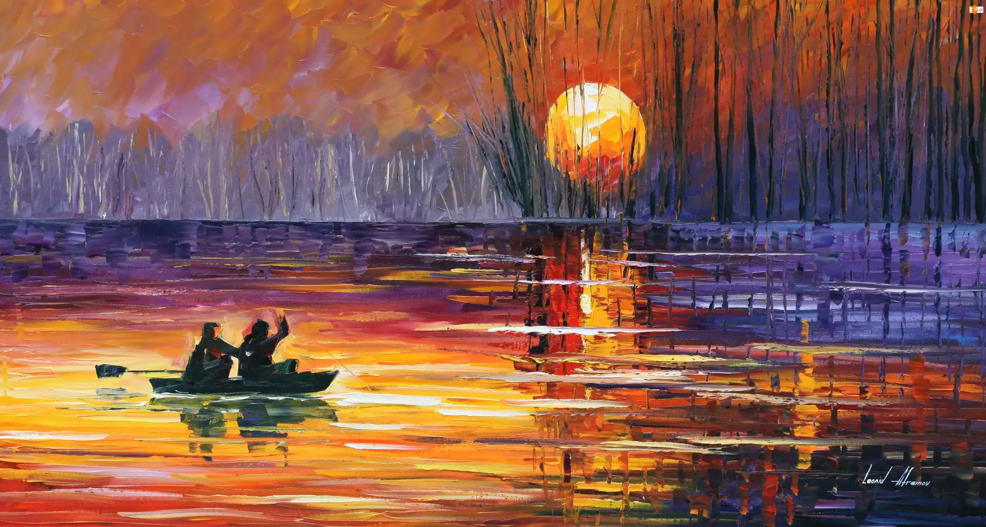 Leonid Afremov, Malarstwo, Łódka, Wschód słońca, Jezioro, Drzewa