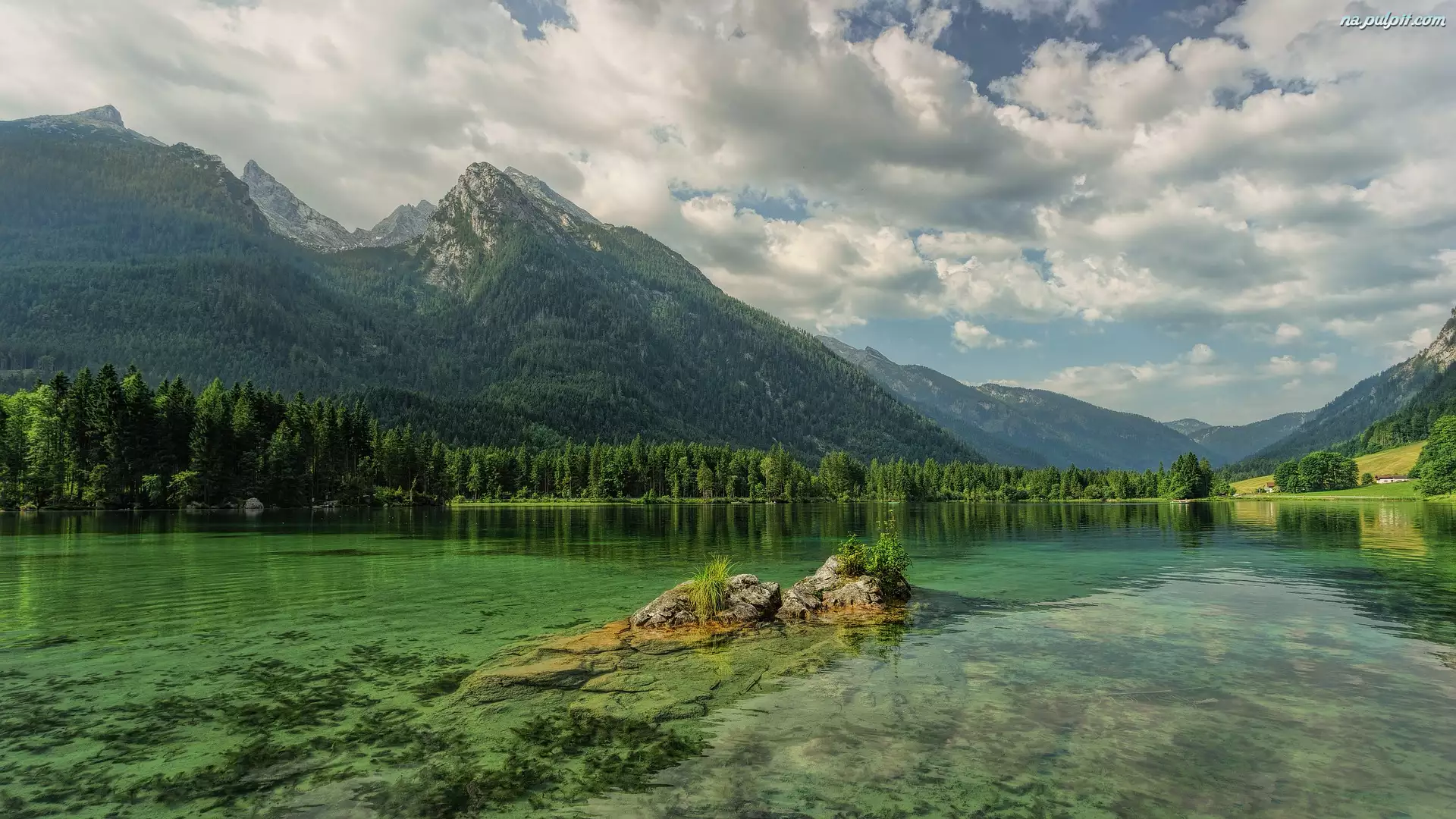 Jezioro Hintersee, Góry Alpy, Skały, Niemcy, Drzewa, Bawaria