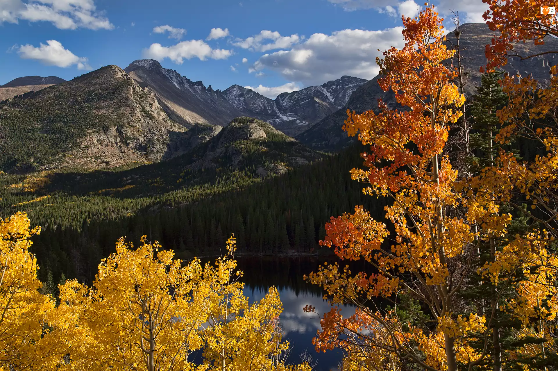 Chmury, Góry Skaliste, Jesień, Stan Kolorado, Jezioro Bear Lake, Drzewa, Stany Zjednoczone, Park Narodowy Gór Skalistych
