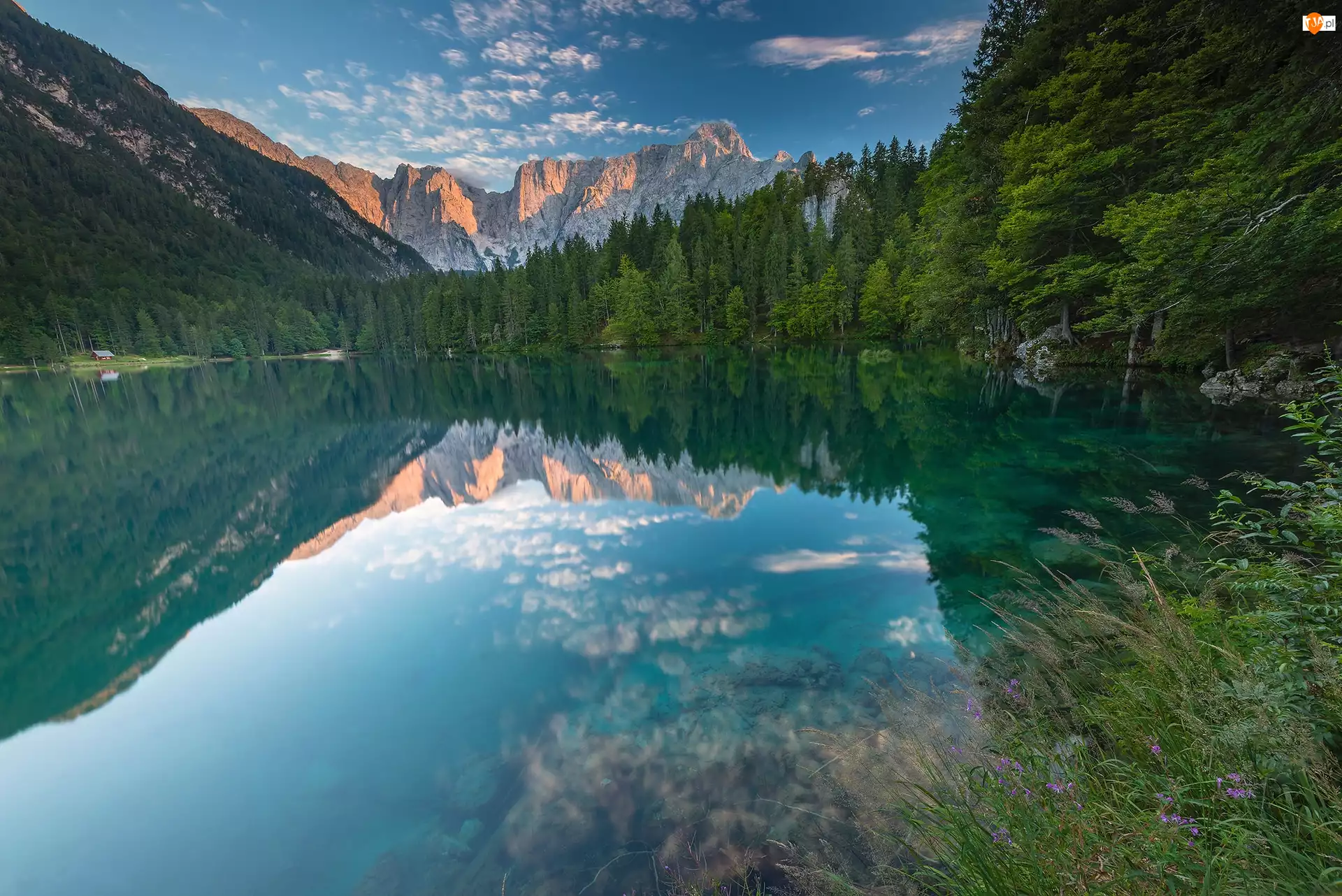 Las, Alpy Julijskie, Prowincja Udine, Chmury, Góry Mangart, Włochy, Odbicie, Jezioro Lacs de Fusine