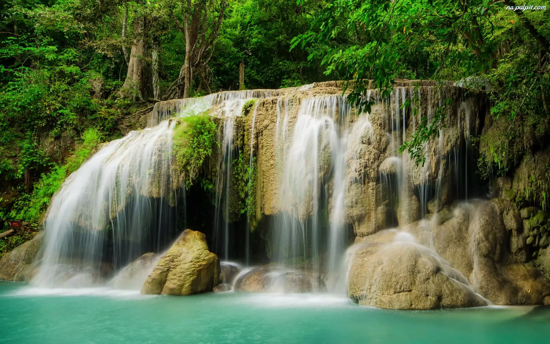 Prowincja Kanchanaburi, Skały, Park Narodowy Erawan, Wodospad Erawan Waterfall, Tajlandia