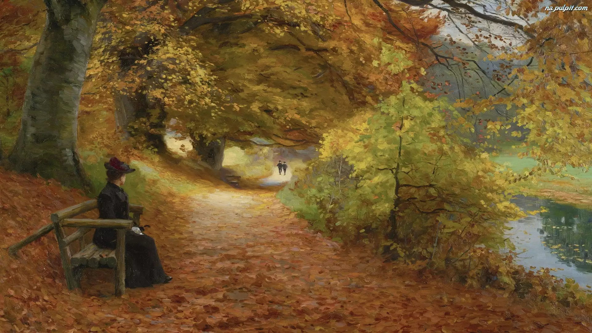 Droga, Obraz, Hans Andersen Brendekilde, Ławka, Malarstwo, Jesień, Kobieta, A wooded path in autumn