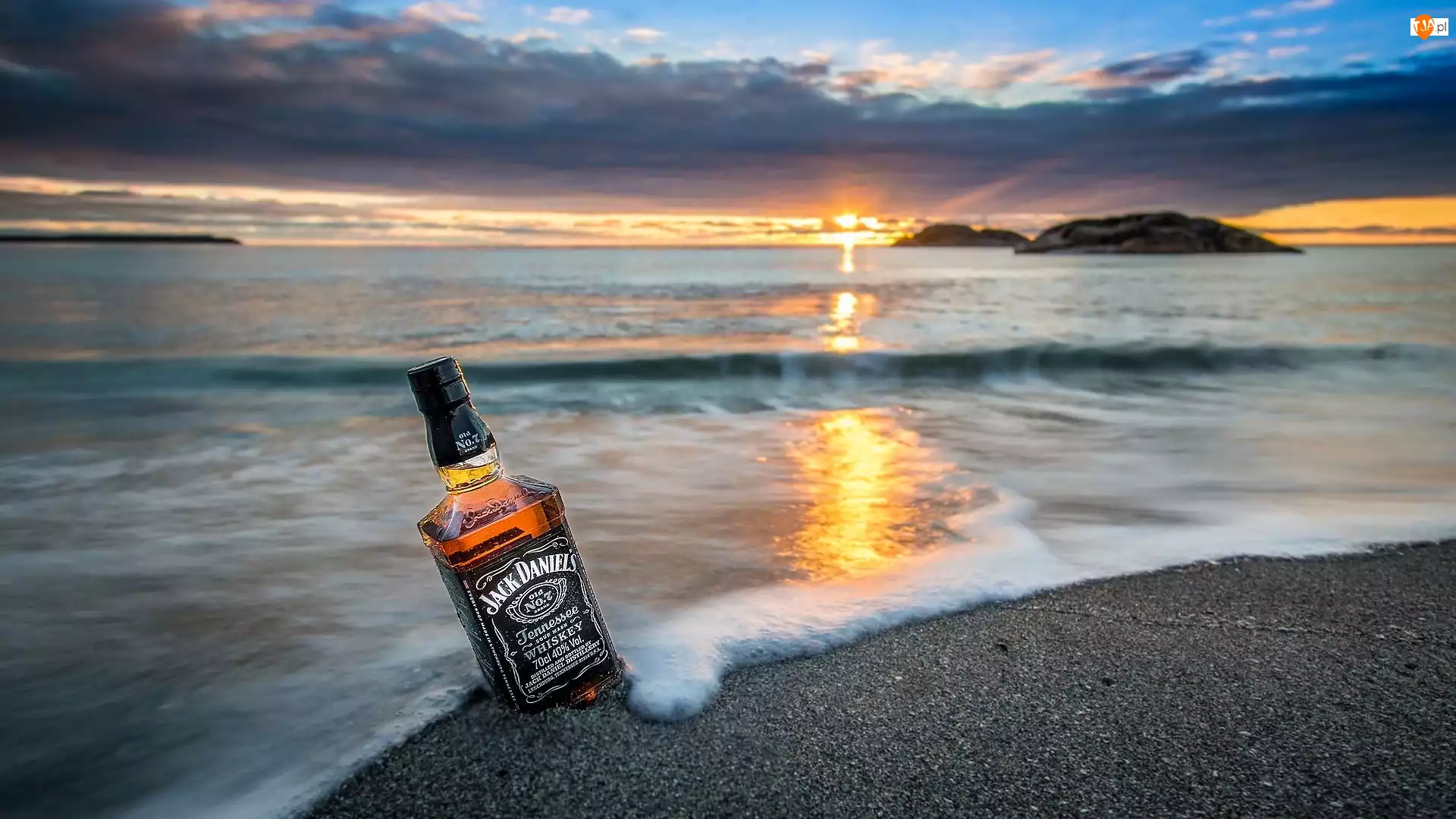 Morze, Zachód słońca, Jack Daniels, Whisky, Piasek