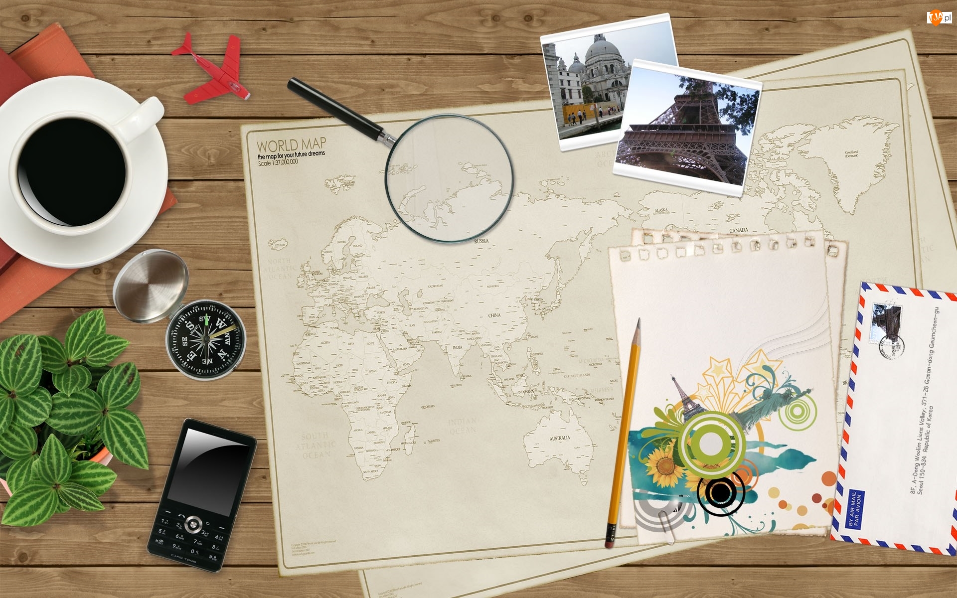 Podróż, Kompas, Deski, Zdjęcia, Telefon, Mapa, Lupa, Kawa, Koperty