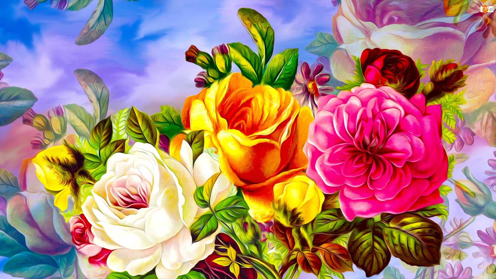 Kolorowe, Grafika, Trzy, Kwiaty, Róże