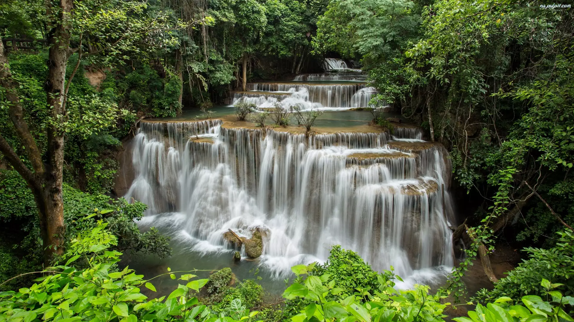 Kaskada, Wodospad Erawan waterfall, Park Narodowy Erawan, Tajlandia, Drzewa, Prowincja Kanchanaburi